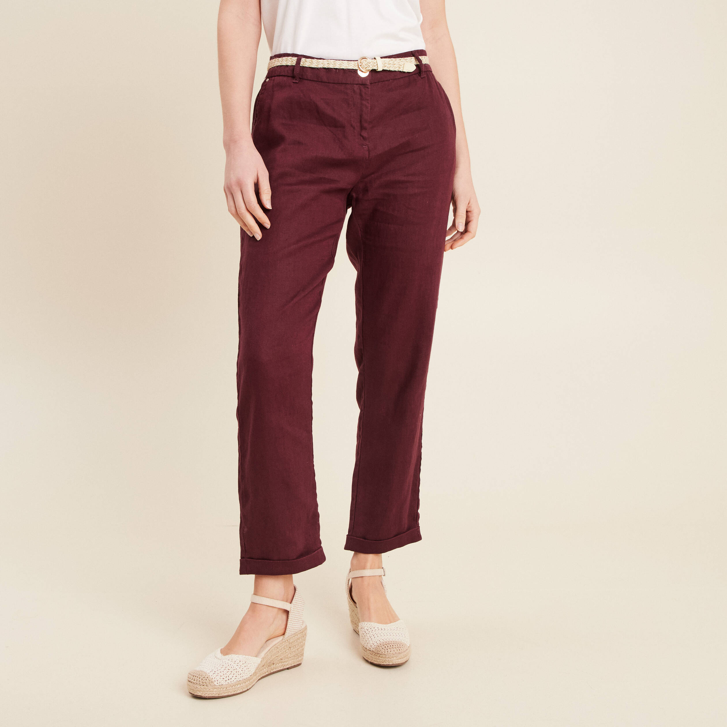 Pantalon flou ceinturé prune femme