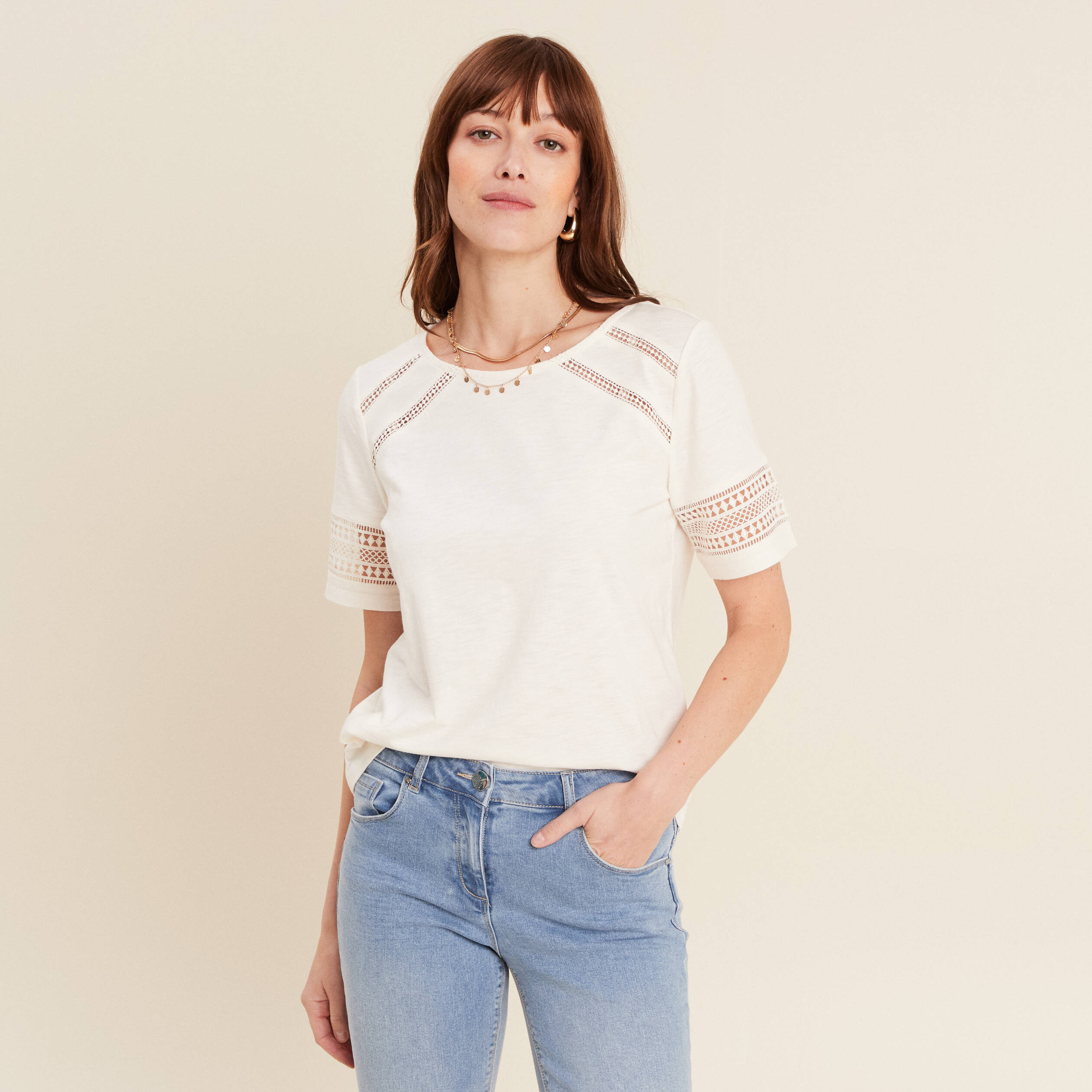T-shirt manches courtes ecru femme