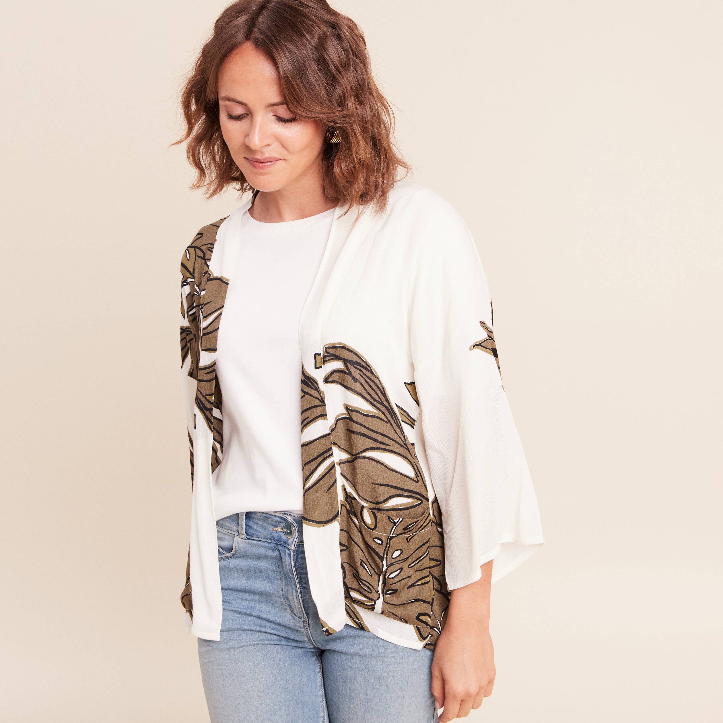 Veste esprit kimono vert kaki femme