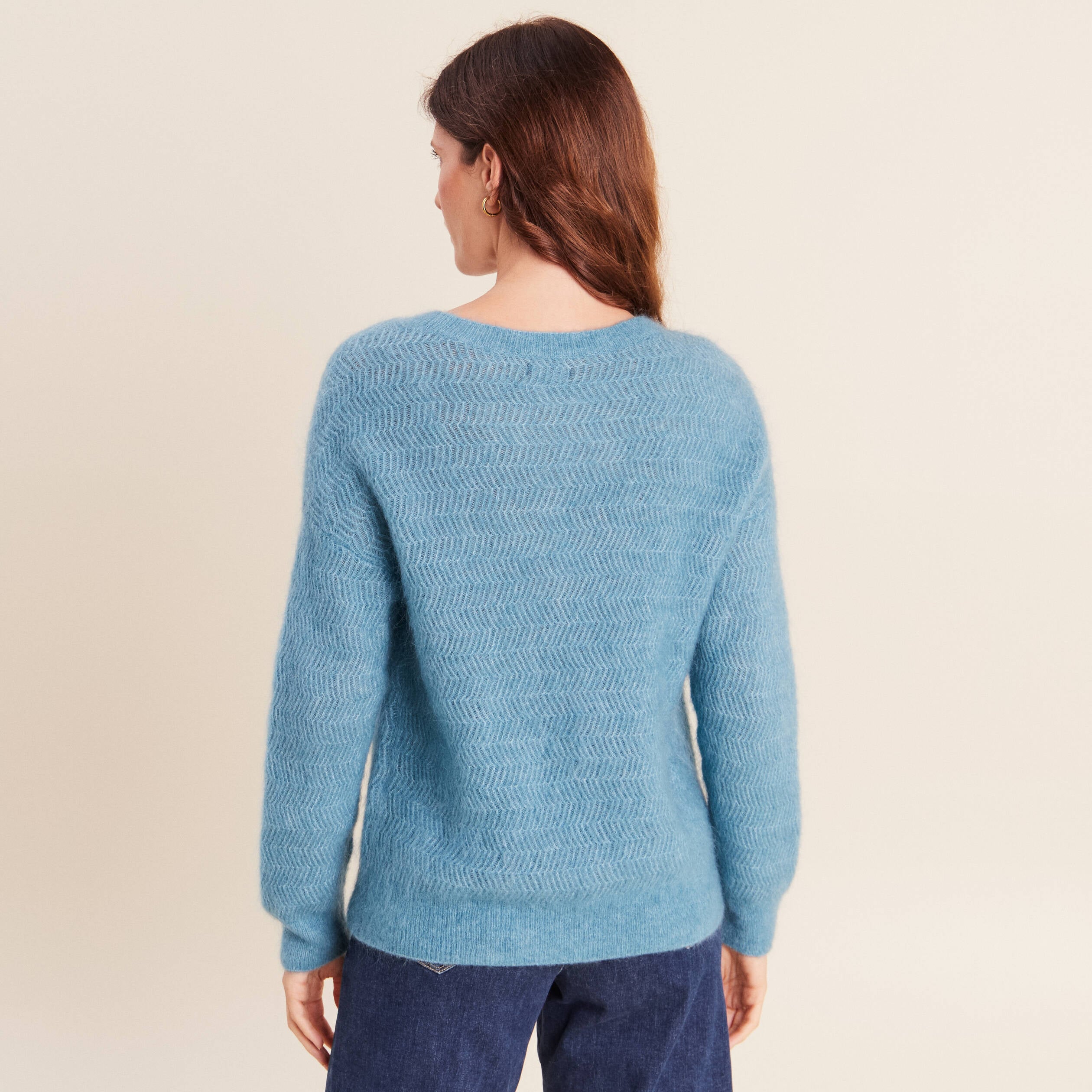Pull droit col rond manches longues bleu p&eacute;trole femme