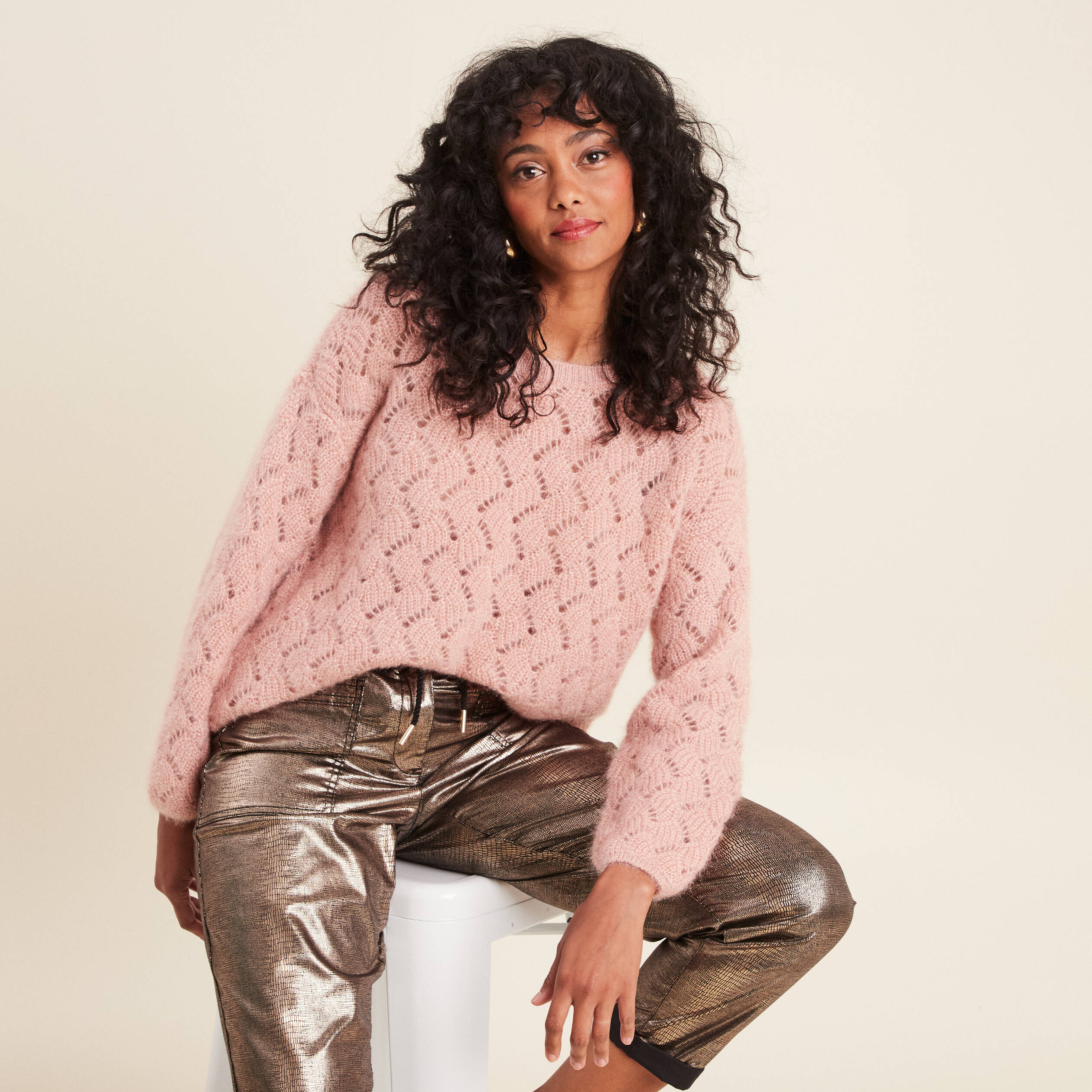 Pull manches longues ajouré vieux rose femme