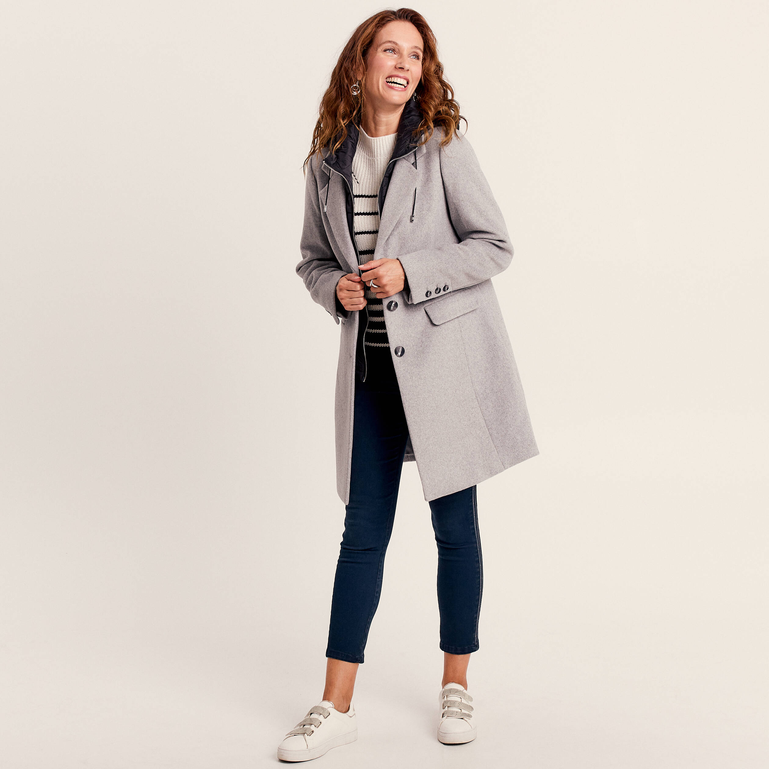 Manteau en droit à capuche gris clair femme Bréal