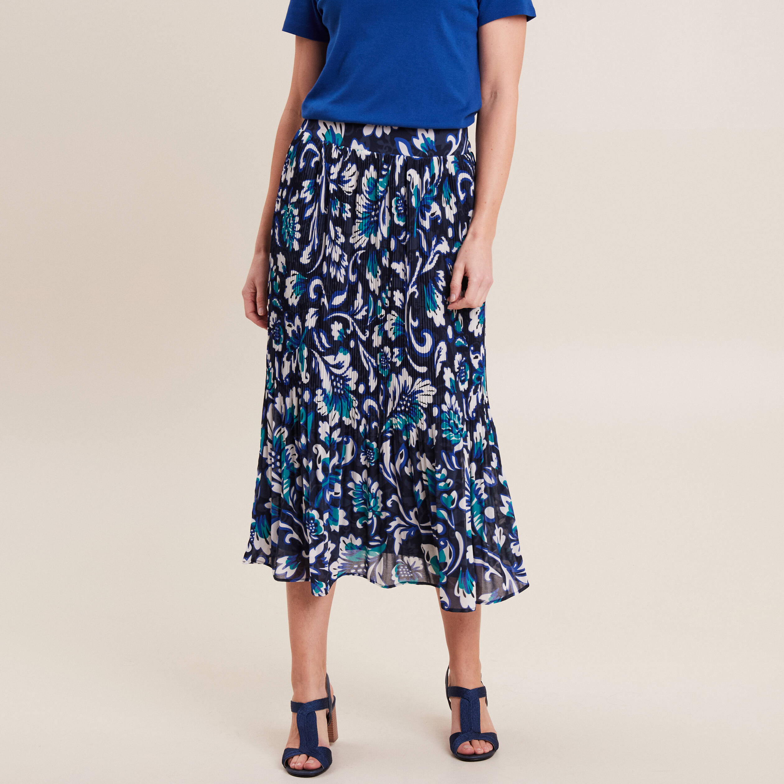 Jupe longue plissée imprimée bleu femme