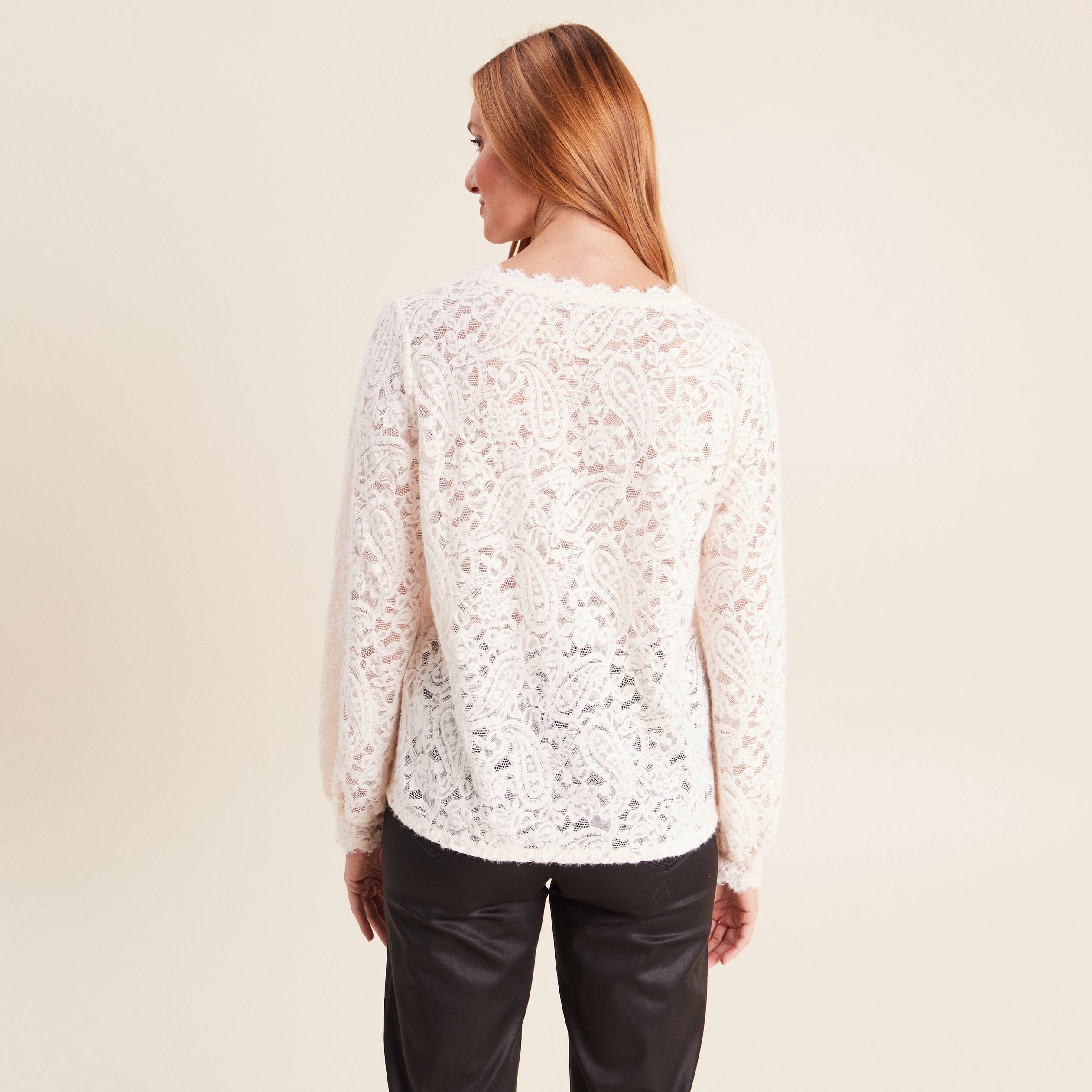 Blouse col v manches longues ecru femme
