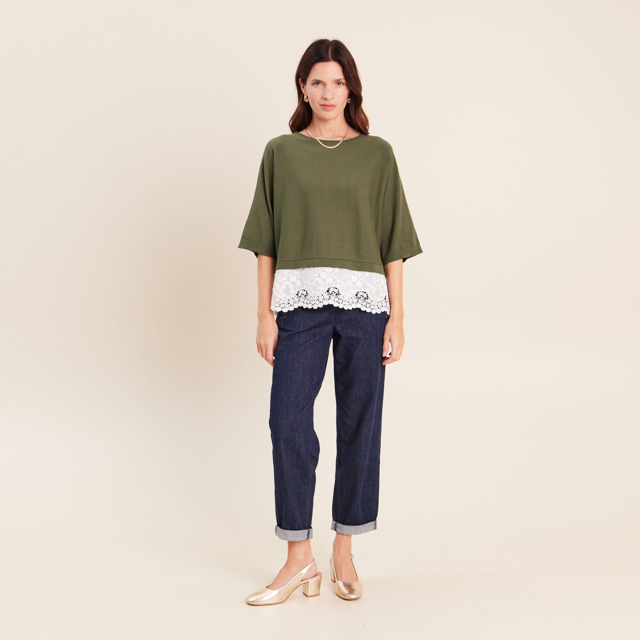 Pull bi-mati&egrave;re col bateau vert kaki femme