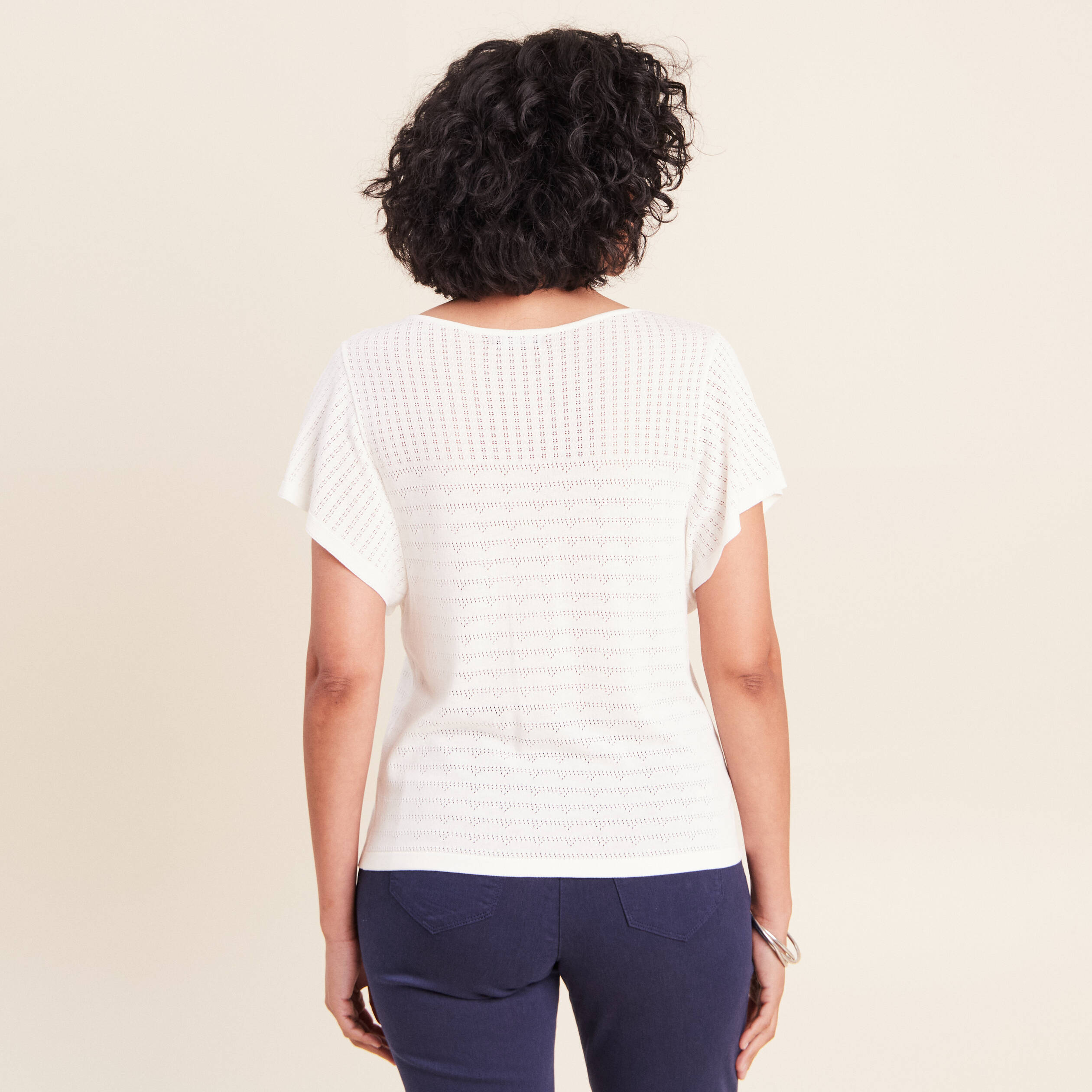 Pull col tunisien manches courtes ecru femme