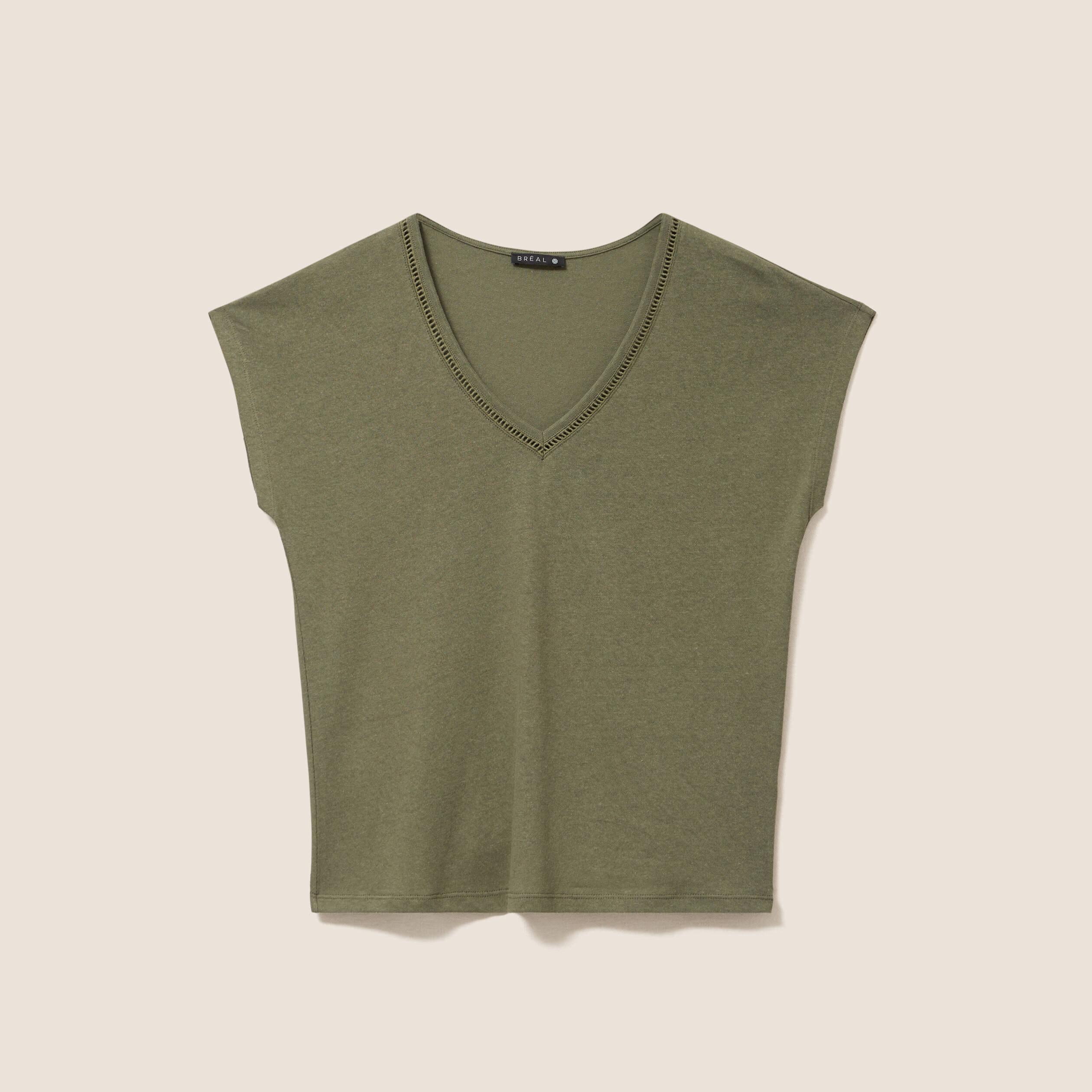 T-shirt col v manches courtes aspect lin vert kaki femme