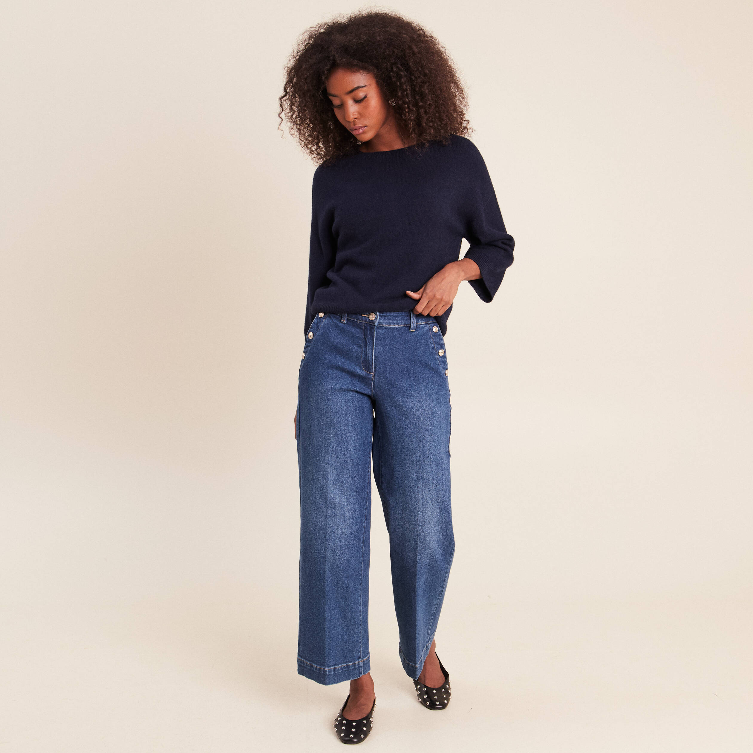 Pull droit col rond manches 3/4 bleu marine femme