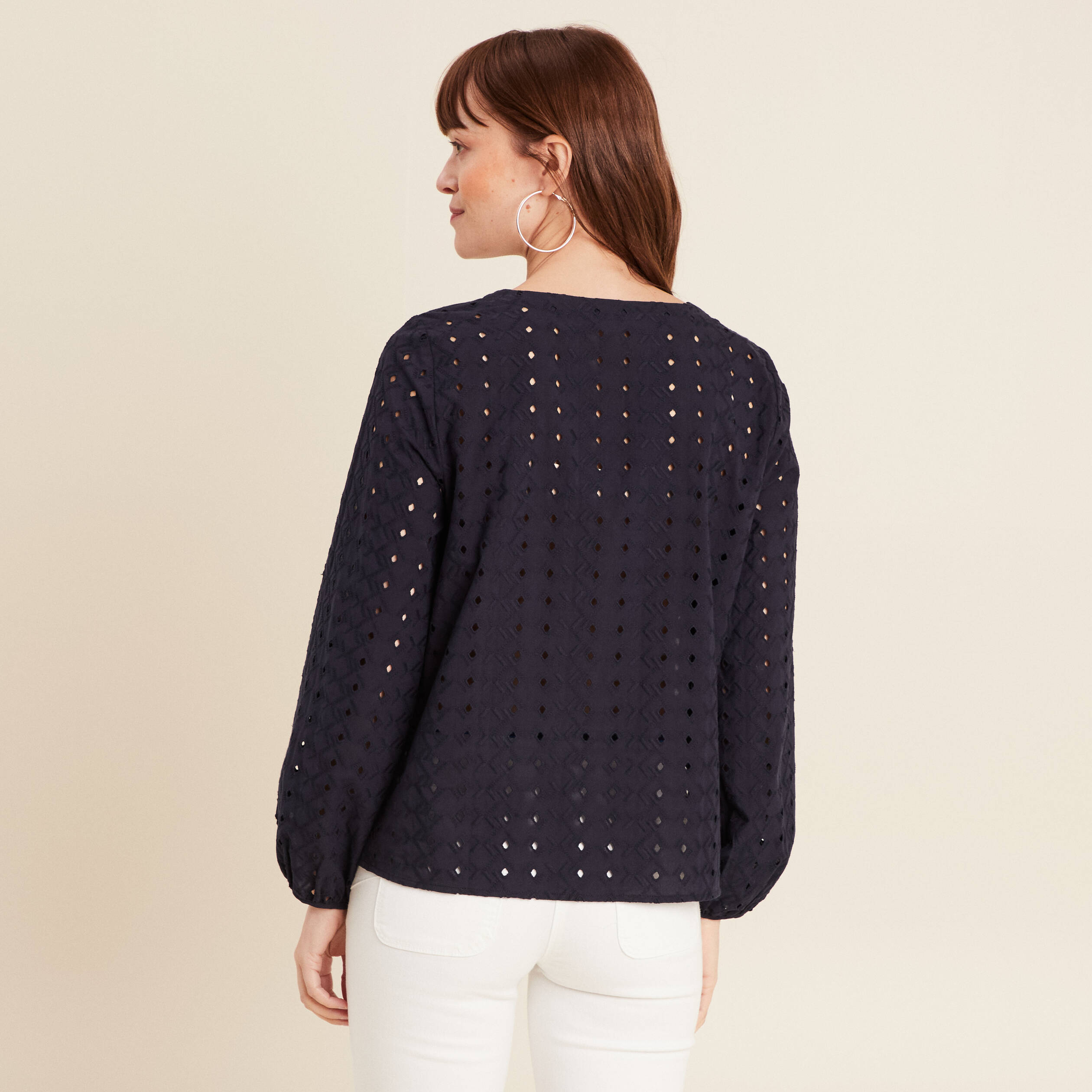 Chemise manches 3/4 brodée bleu foncé femme