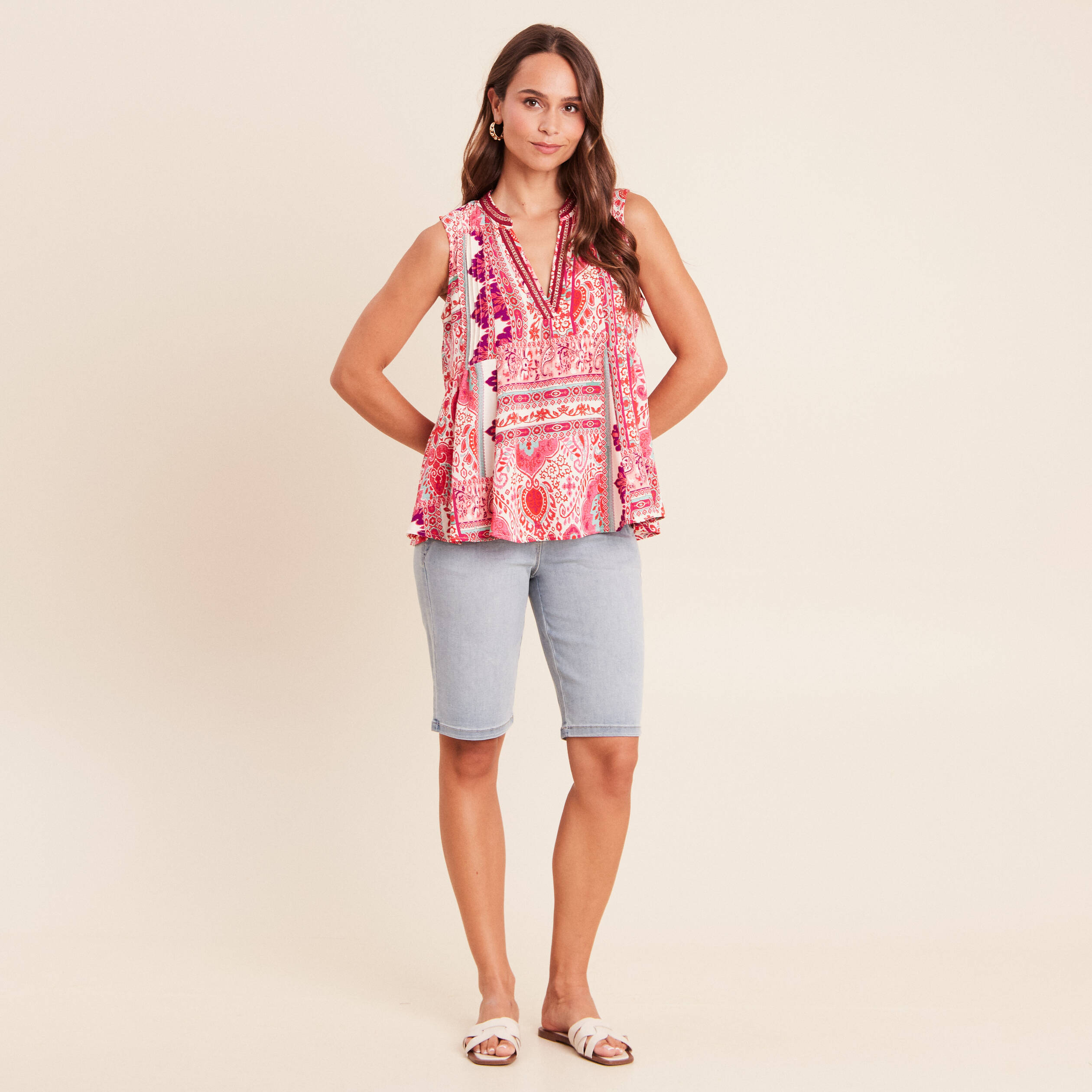 Blouse ample sans manches col v rose femme