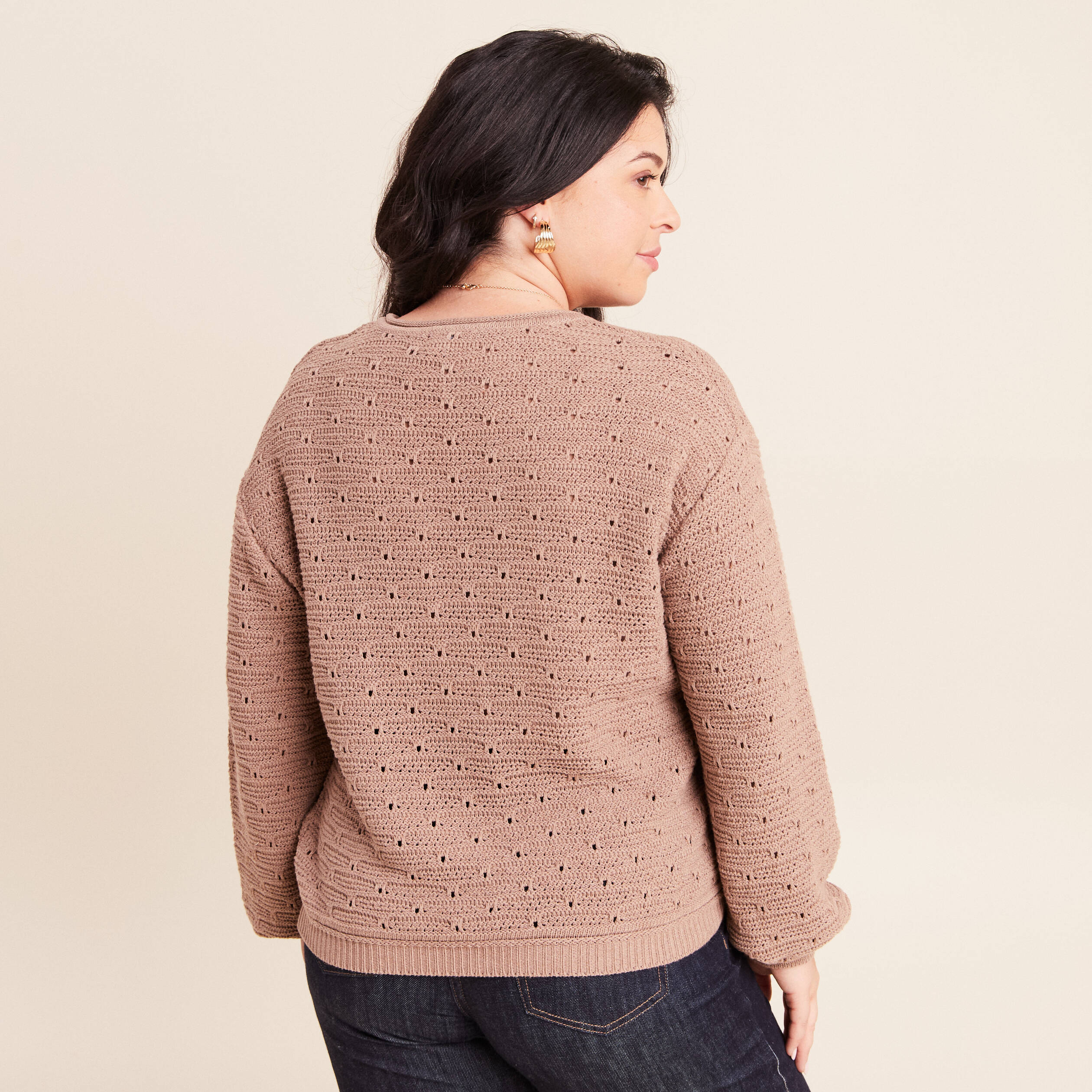 Pull droit long col v manches longues sable femme