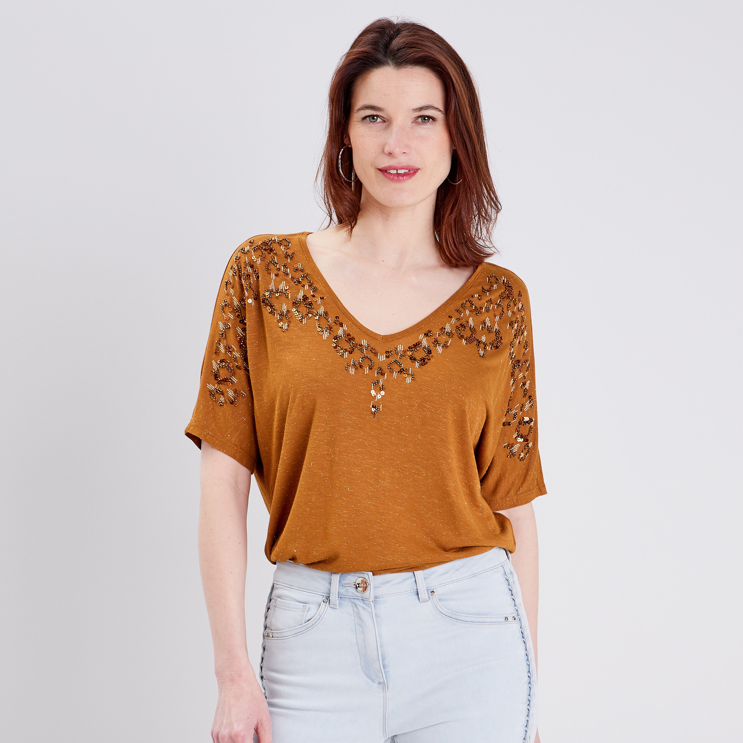 T-shirt manches courtes marron femme