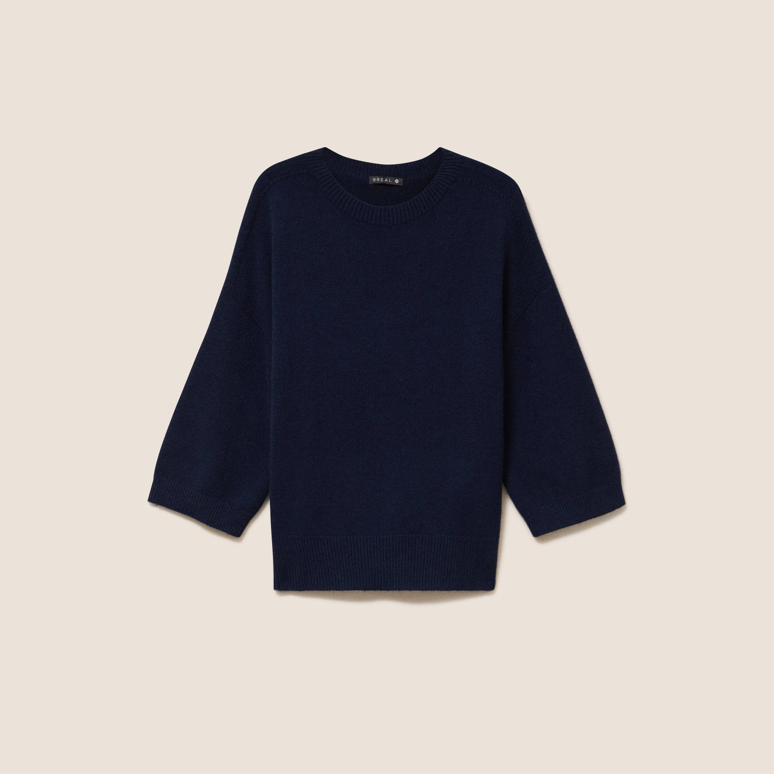 Pull droit col rond manches 3/4 bleu marine femme