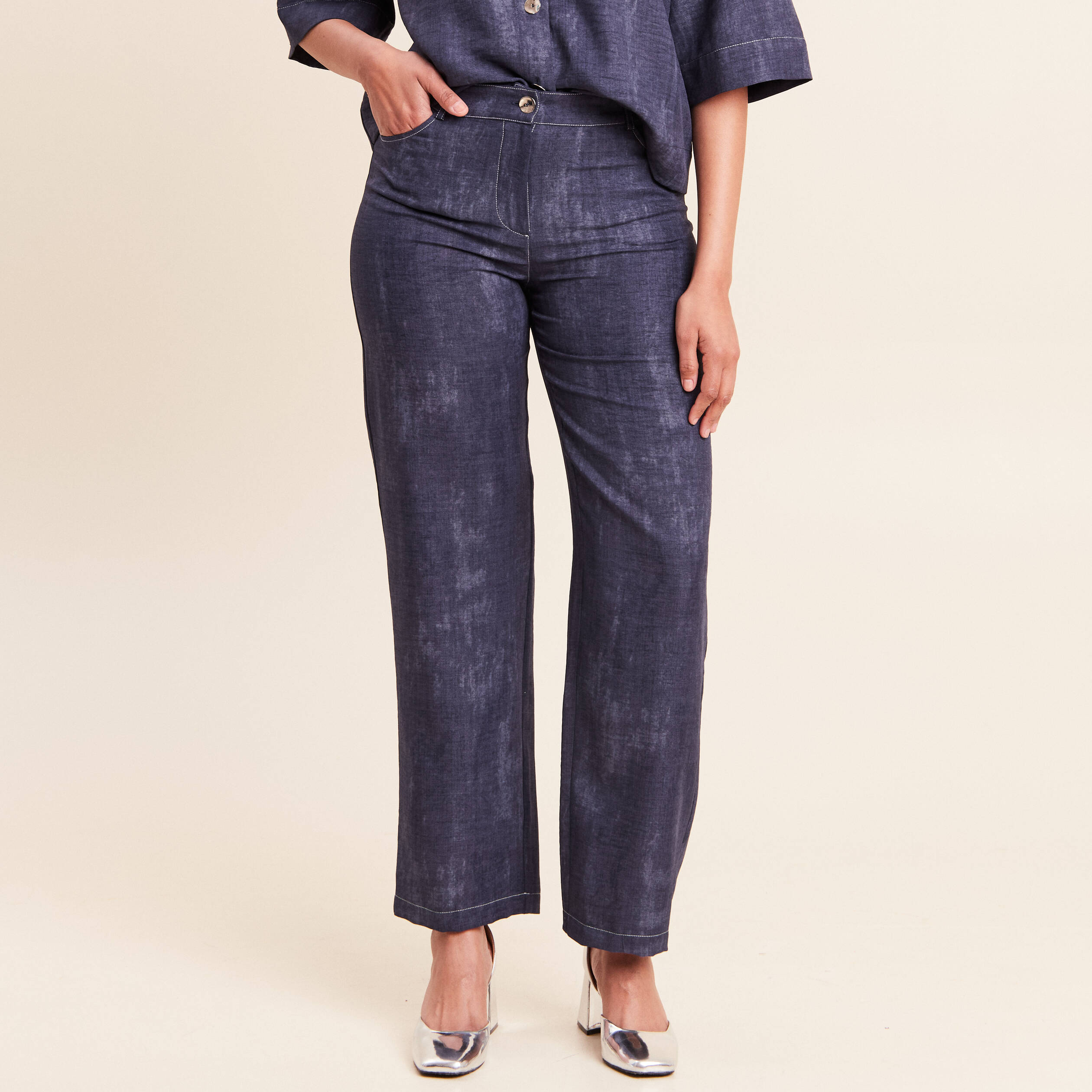 Jean large taille haute 5 poches bleu femme
