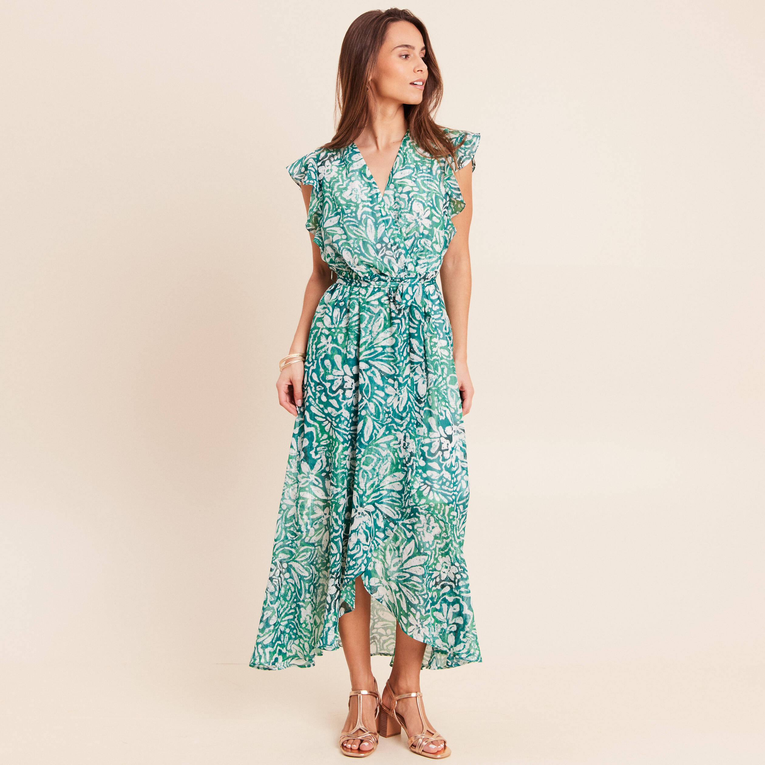 Robe longue portefeuille vert femme