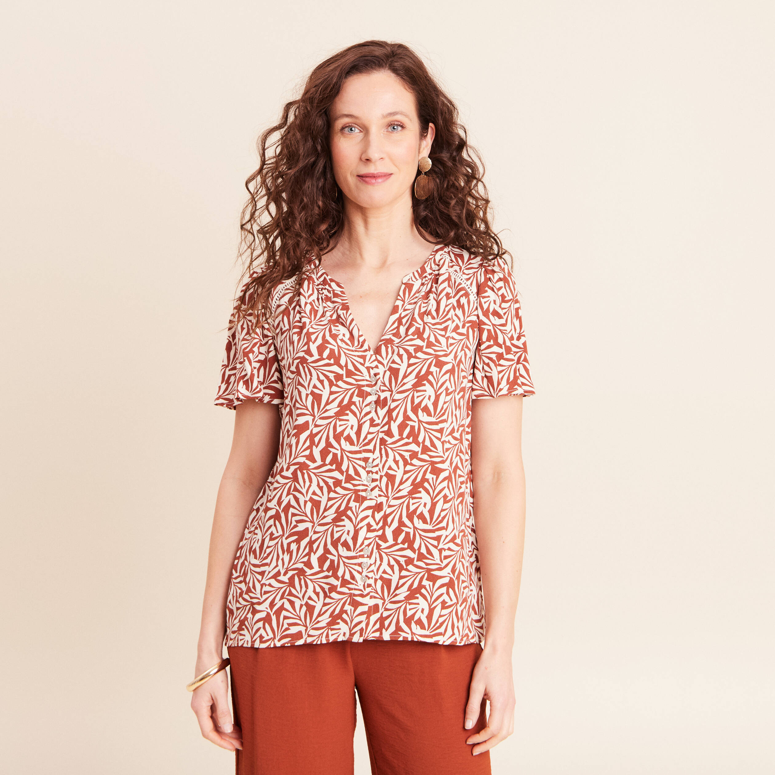 Blouse fluide manches courtes orange femme
