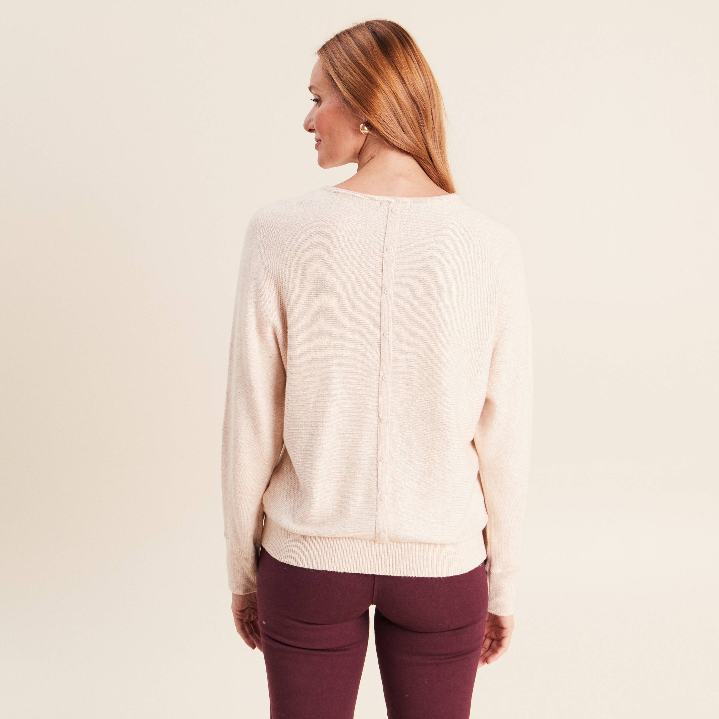 Pull col rond manches longues beige femme