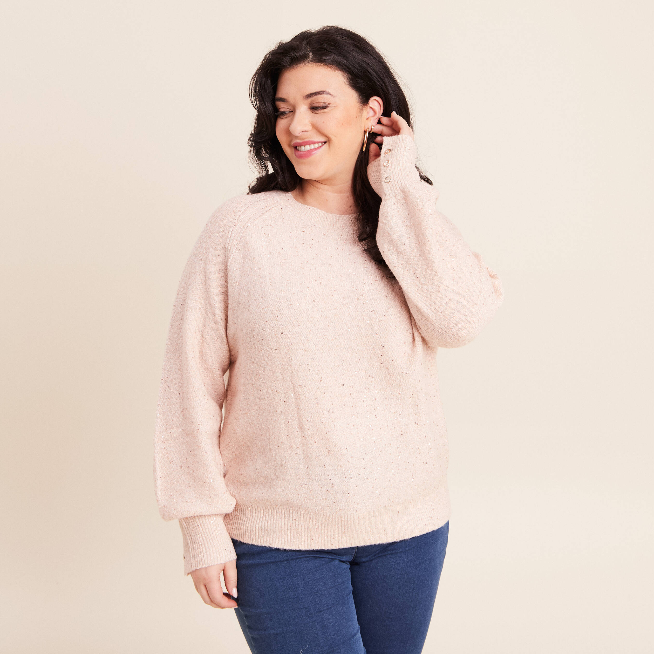 Pull col rond manches longues à sequins rose poudrée femme Bréal