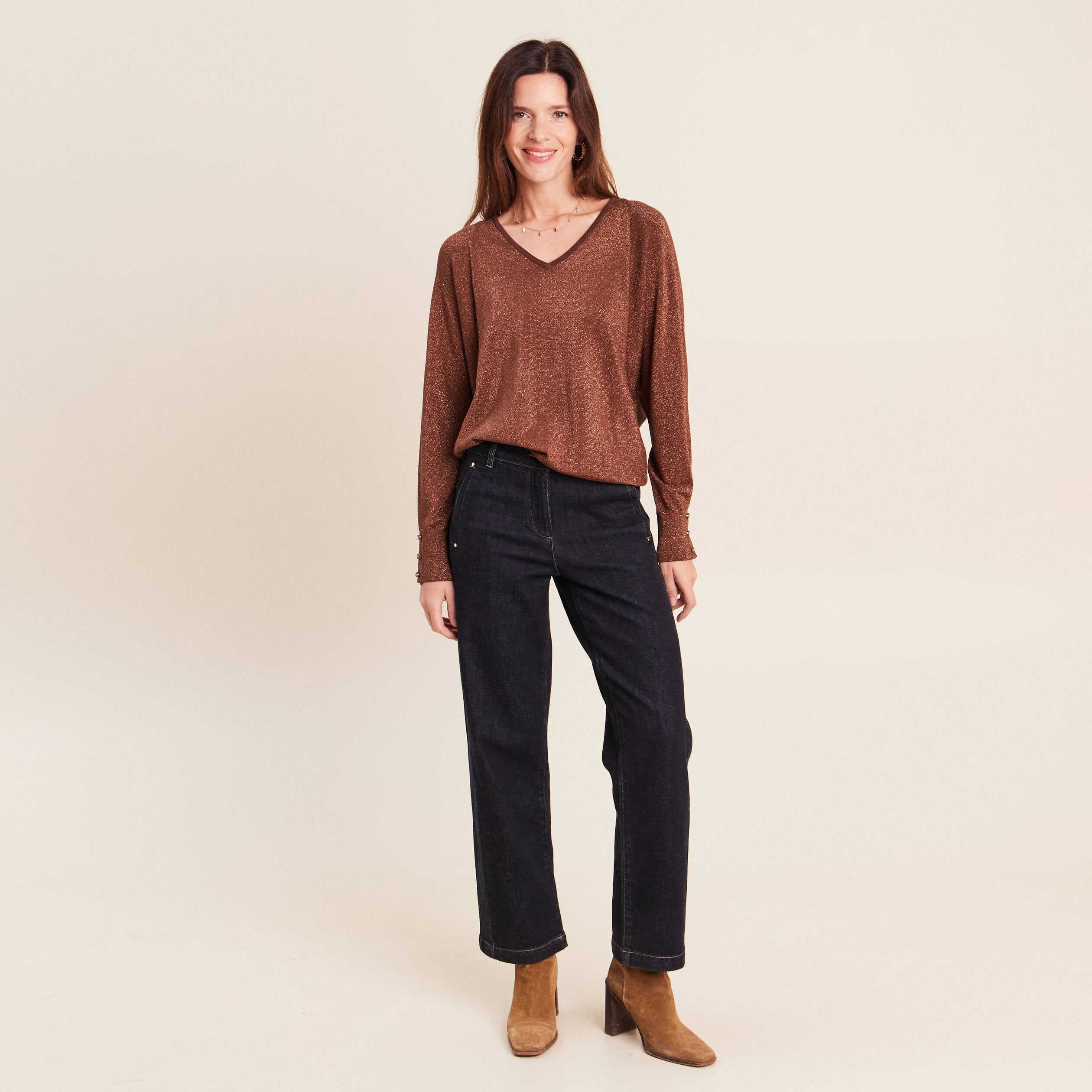 Pull manches longues marron femme