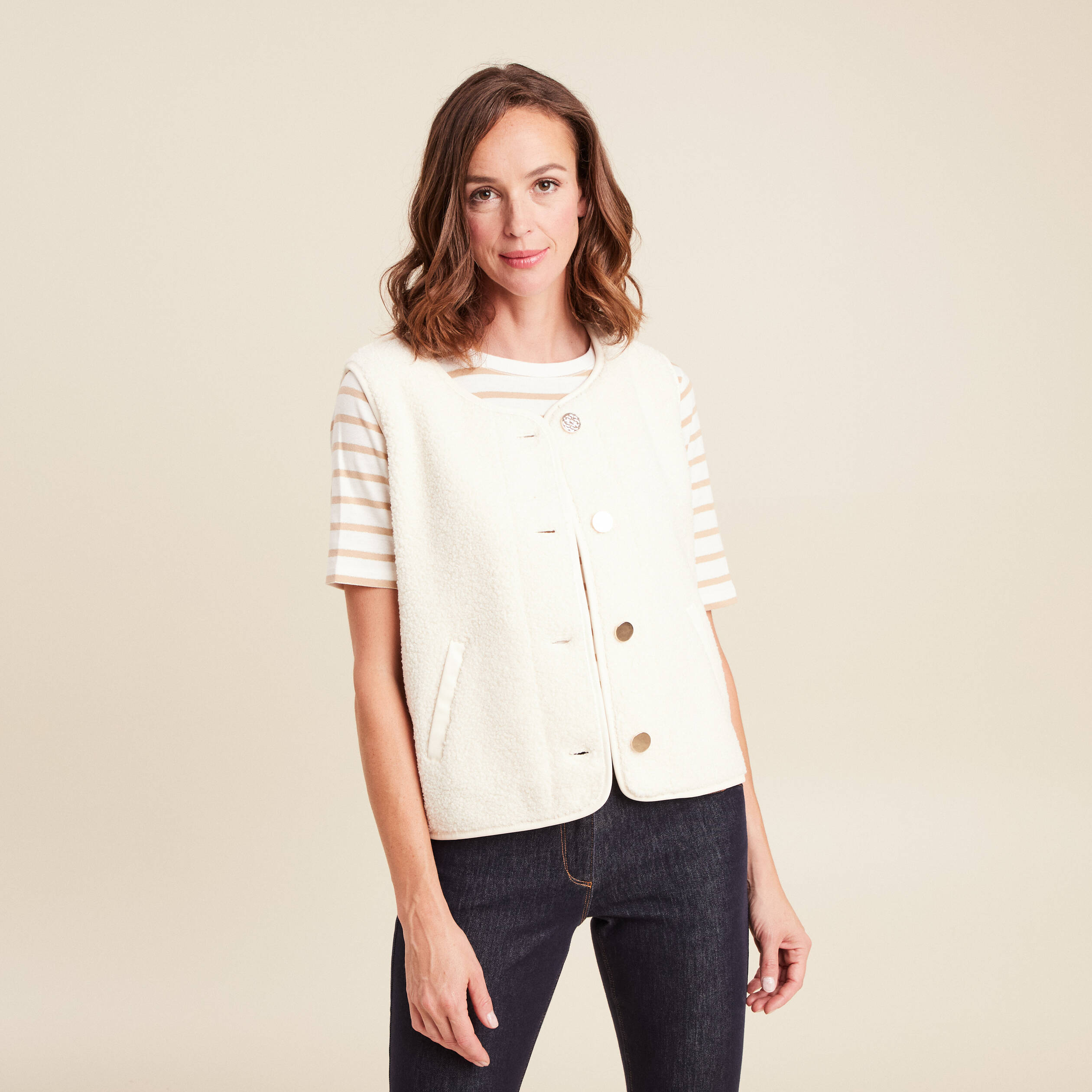 Gilet sans manches sans col ecru femme