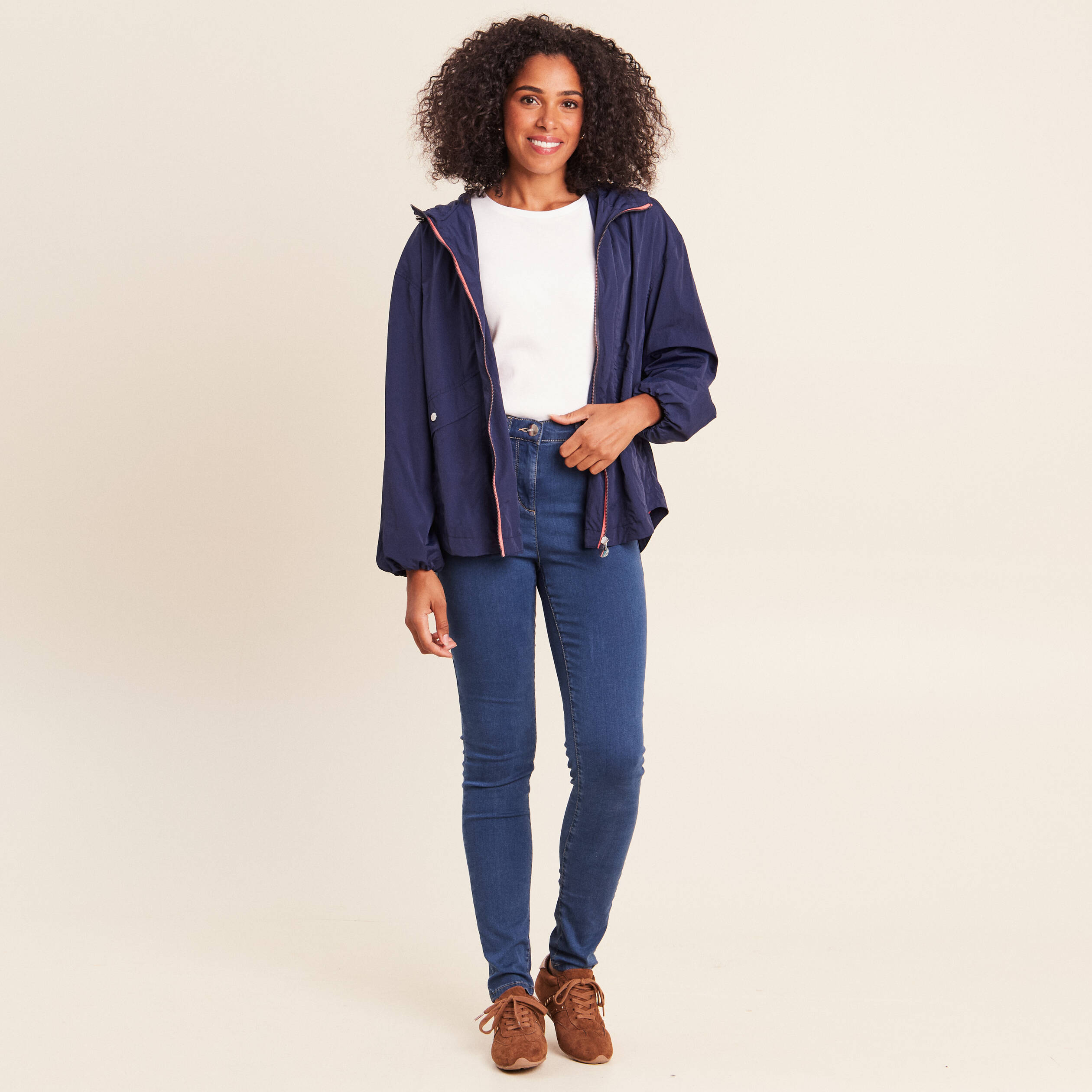Parka ample doubl&eacute;e avec capuche bleu marine femme
