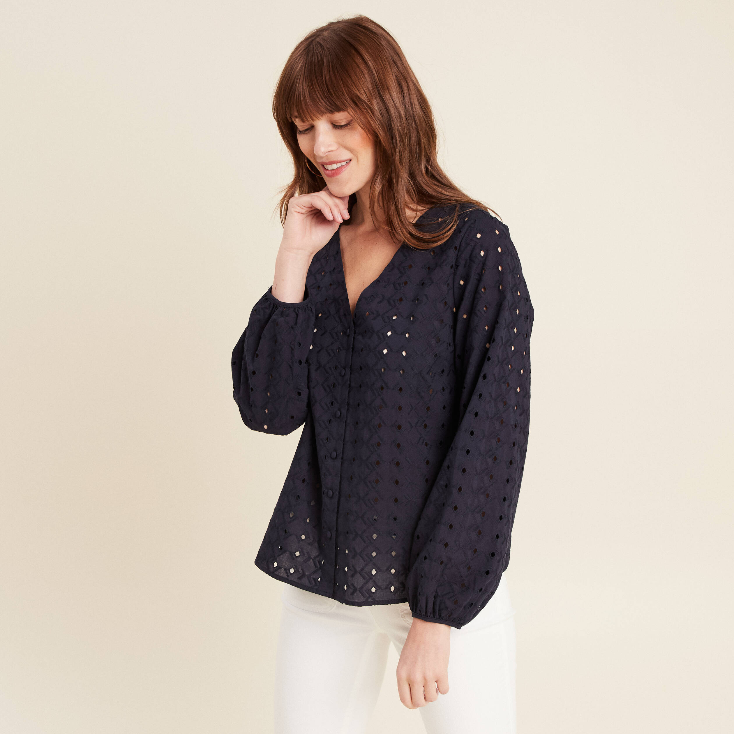 Chemise manches 3/4 brodée bleu foncé femme