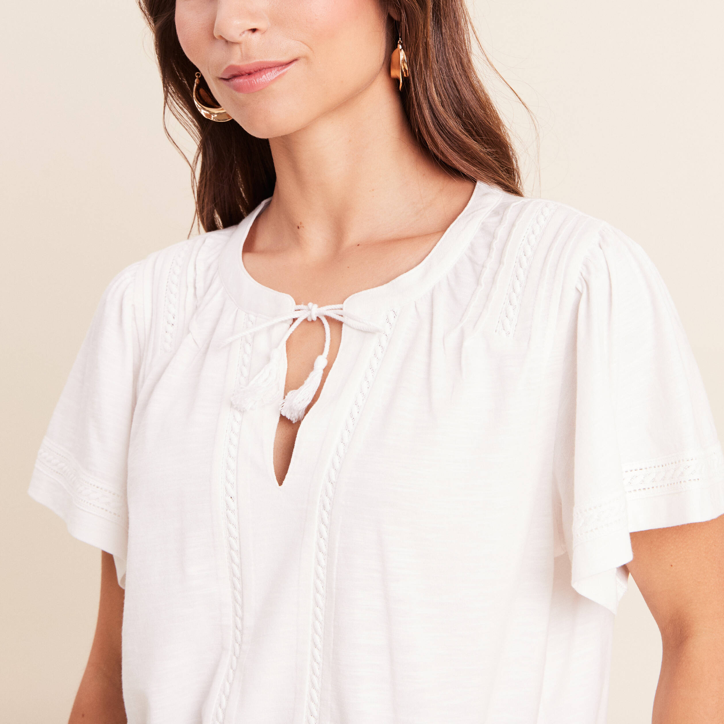 Blouse col tunisien manches courtes ecru femme