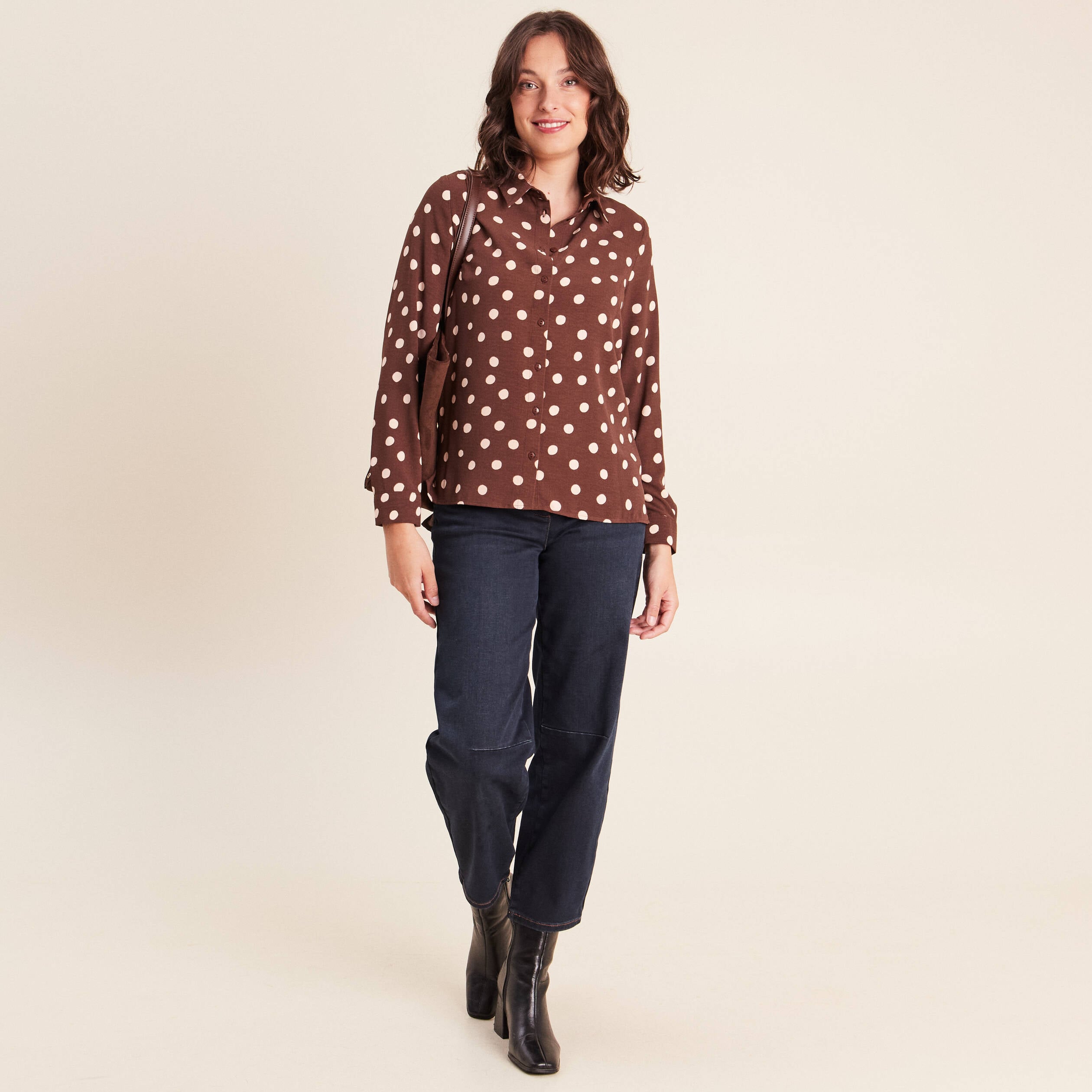 Chemise fluide manches longues marron femme