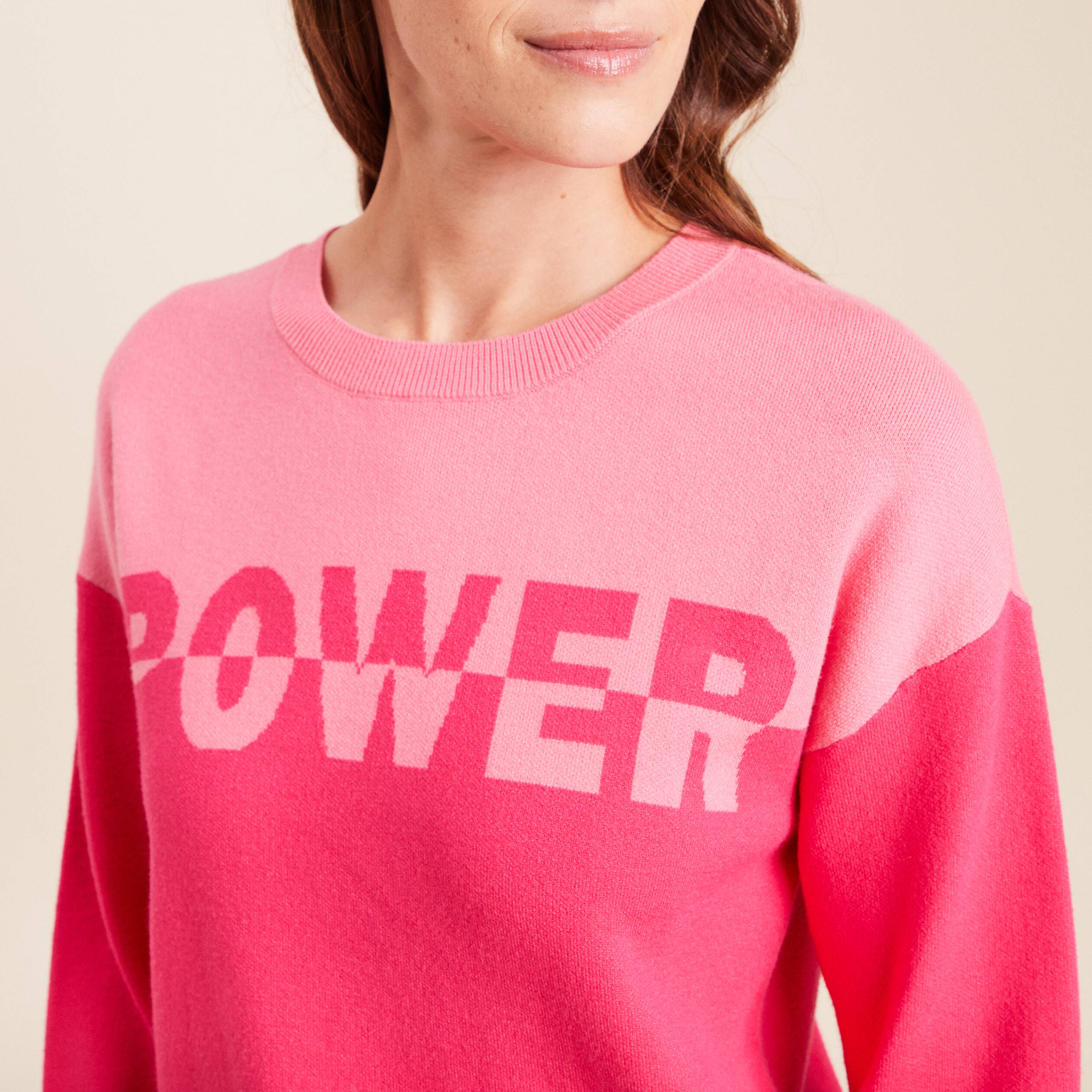 Pull col rond manches longues rose fushia femme
