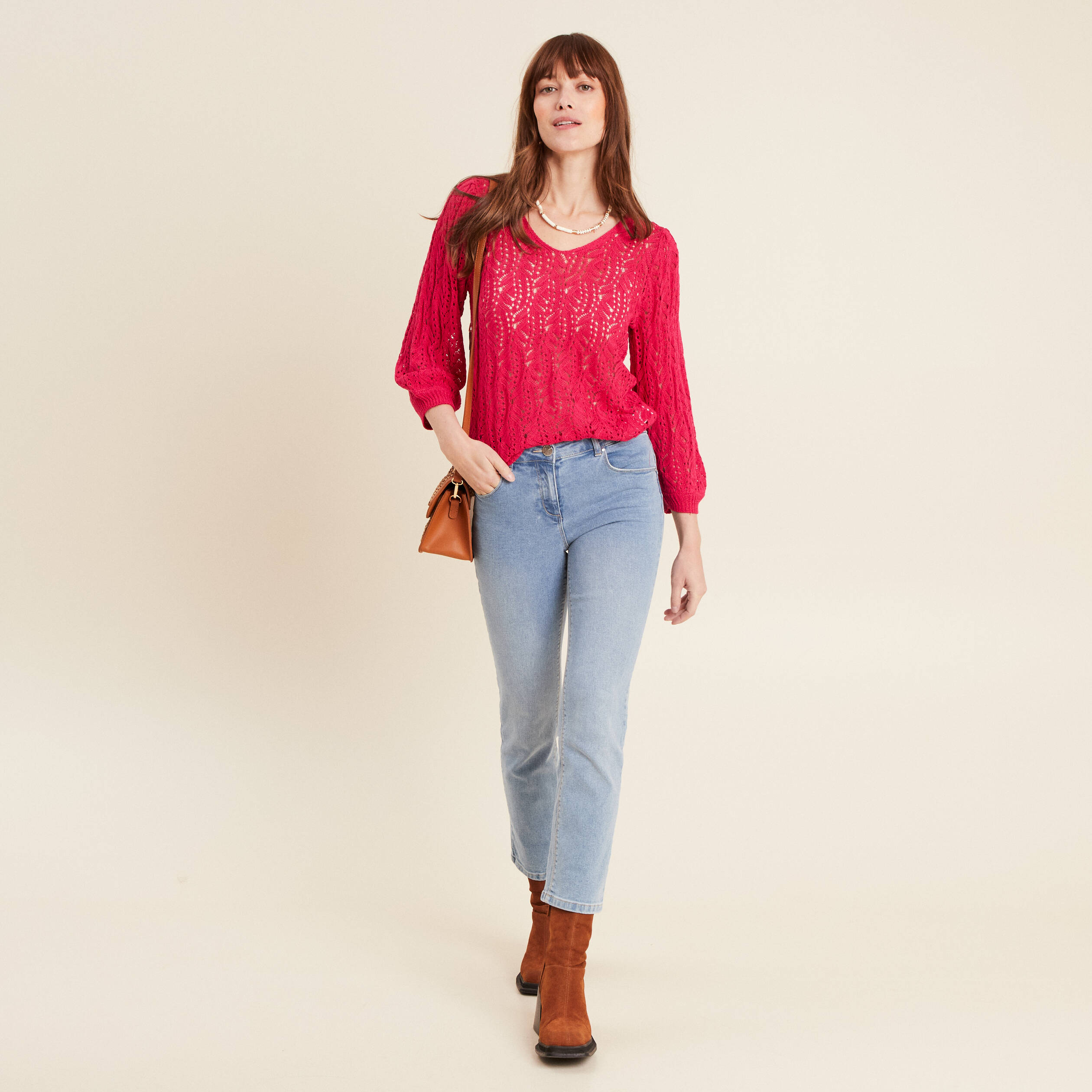 Pull manches 3/4 ajouré rose fushia femme