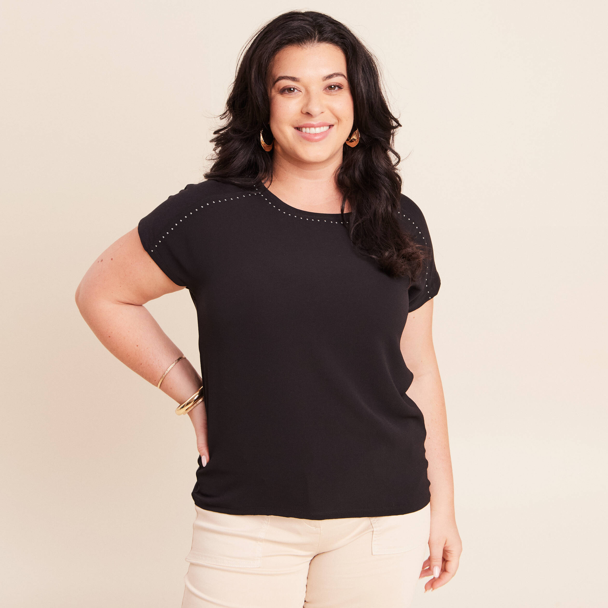 T-shirt bi-mati&egrave;re manches courtes noir femme