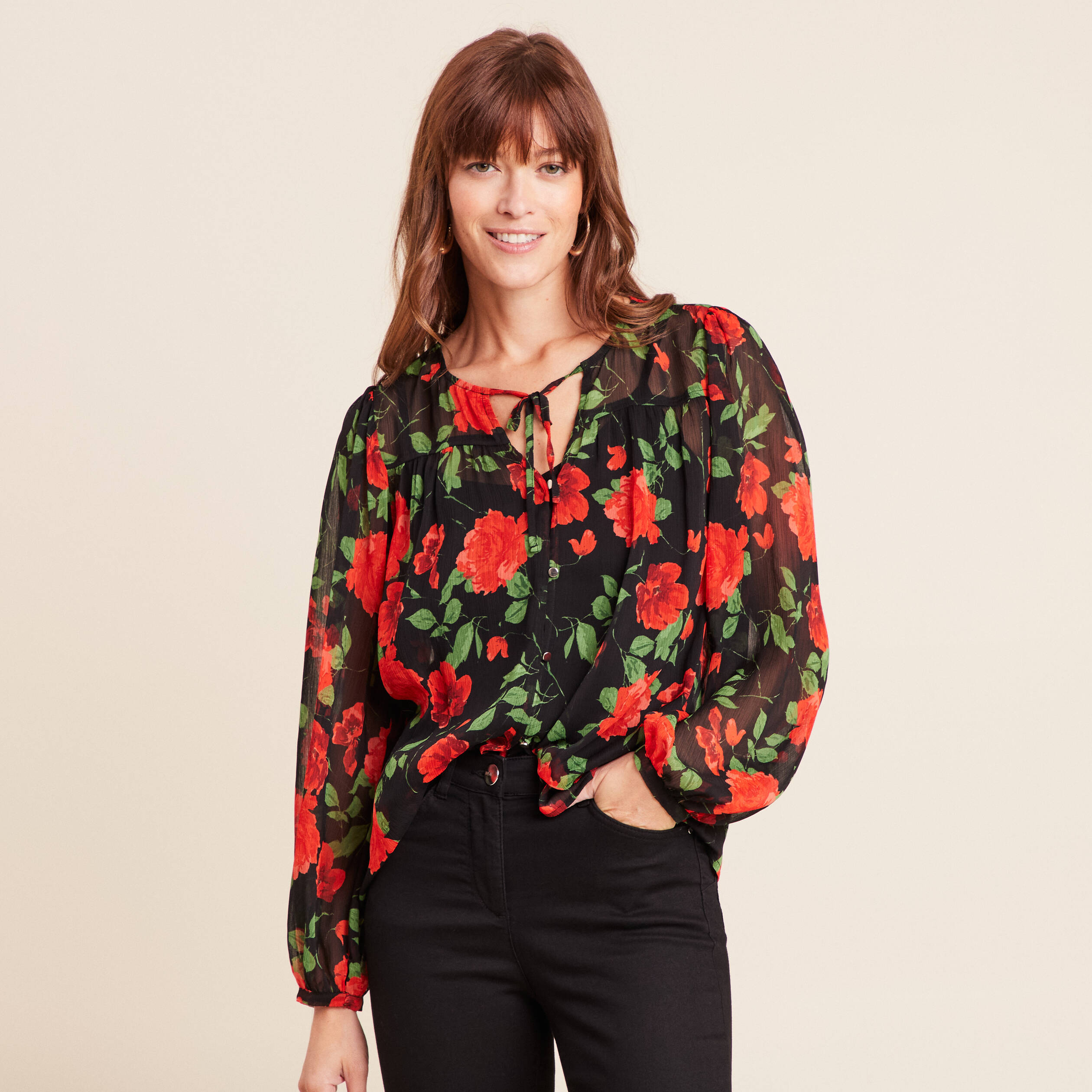 Blouse ample en voile col rond rouge femme