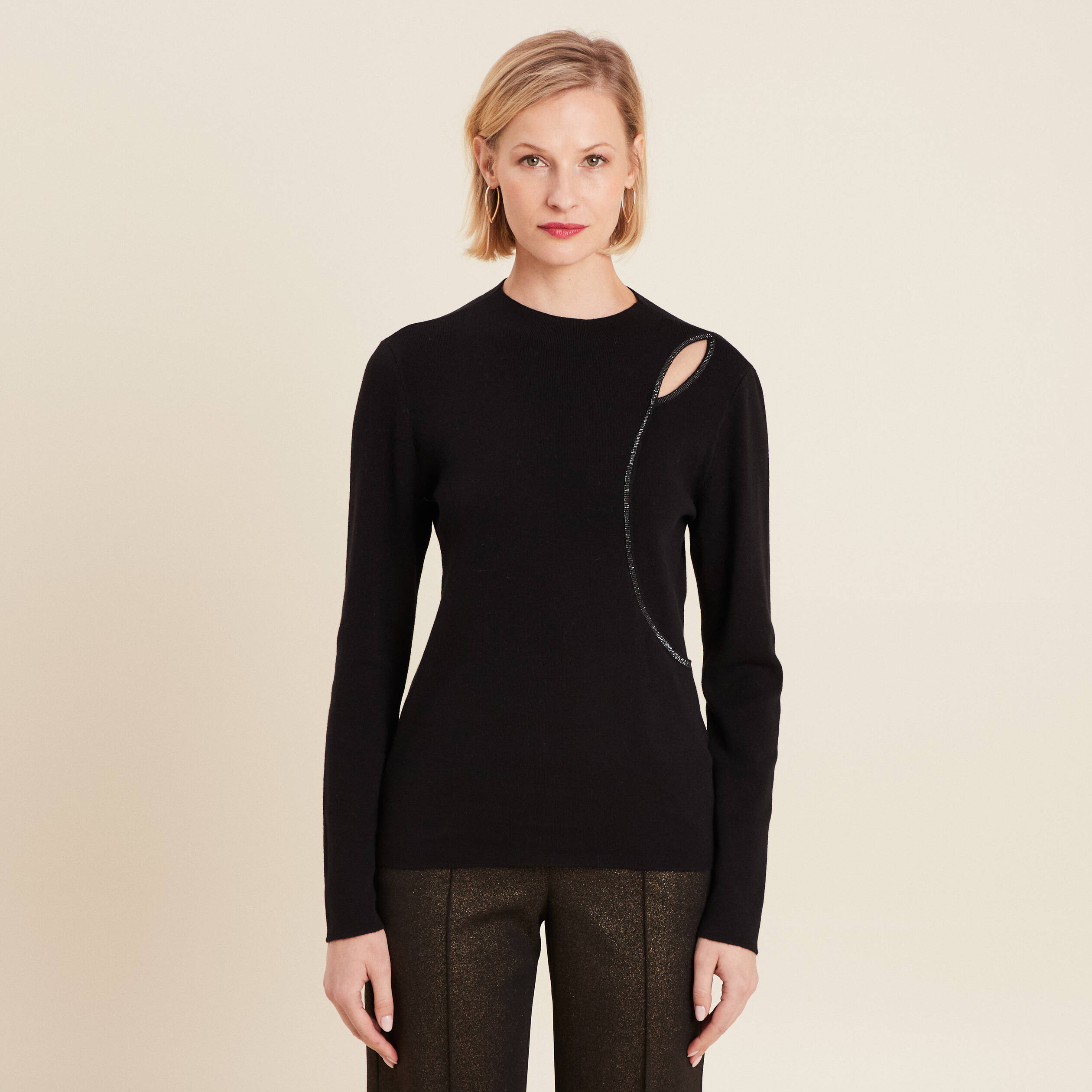 Pull manches longues strass noir femme
