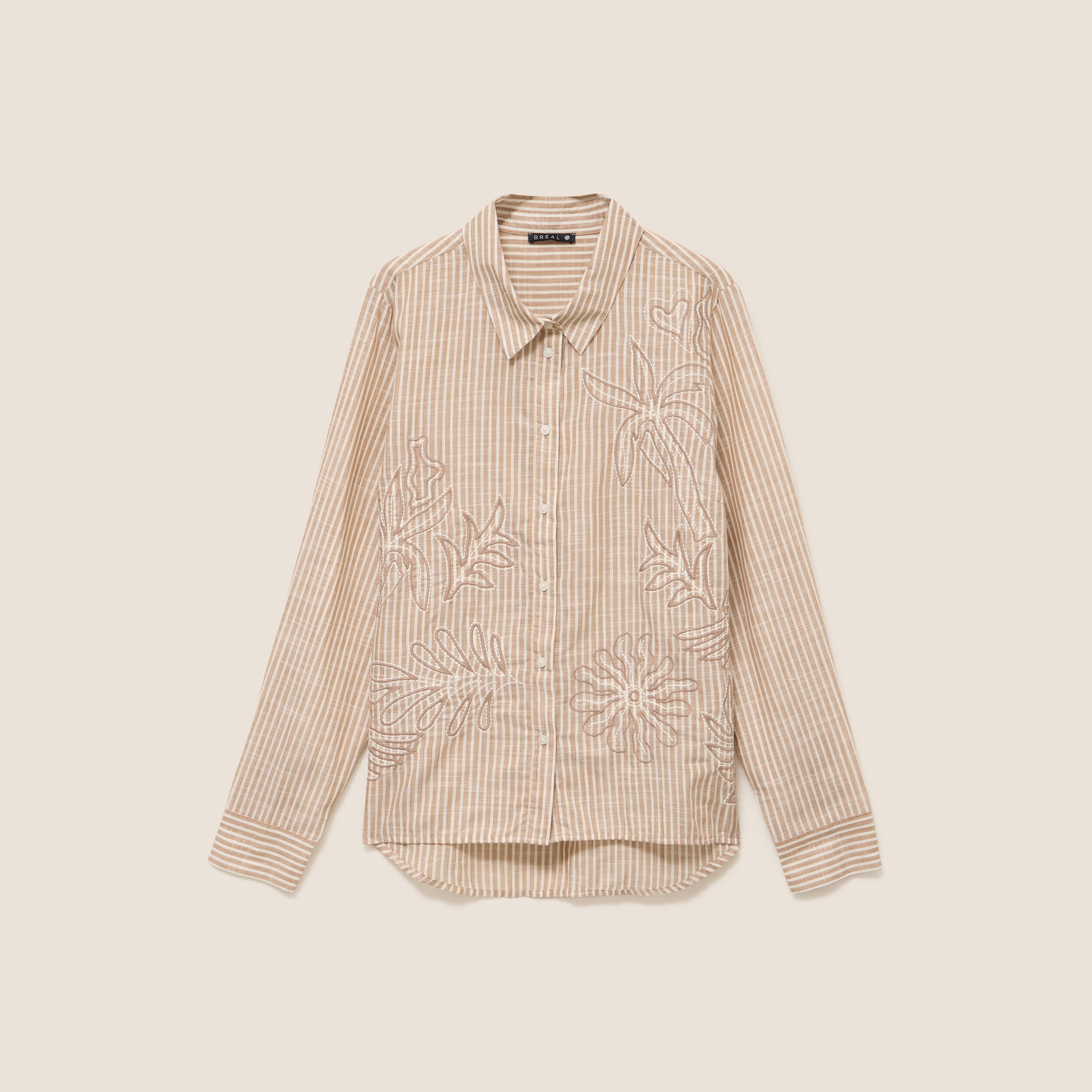 Chemise en coton brod&eacute;e manches longues marron femme