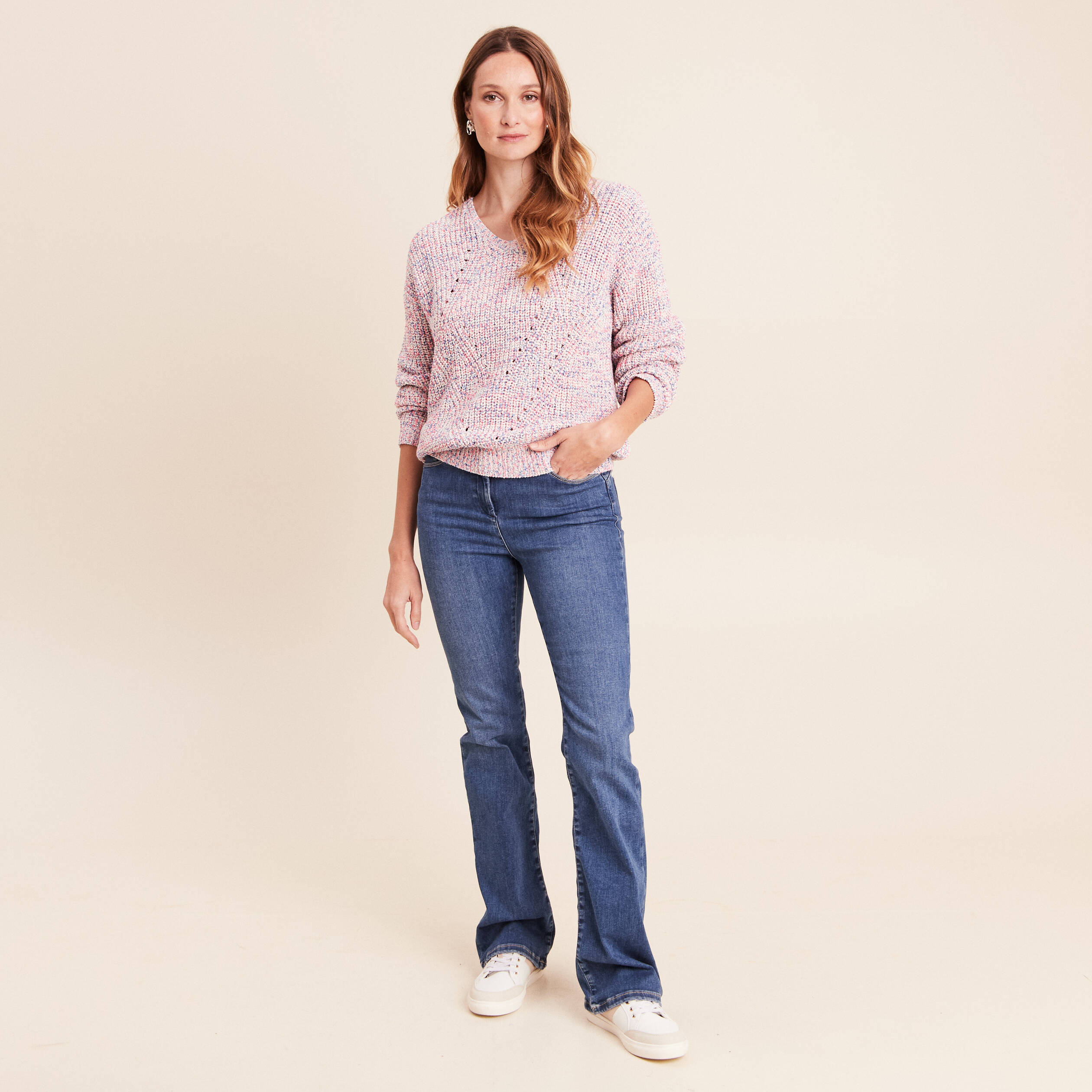 Pull droit long col v manches longues rose fushia femme