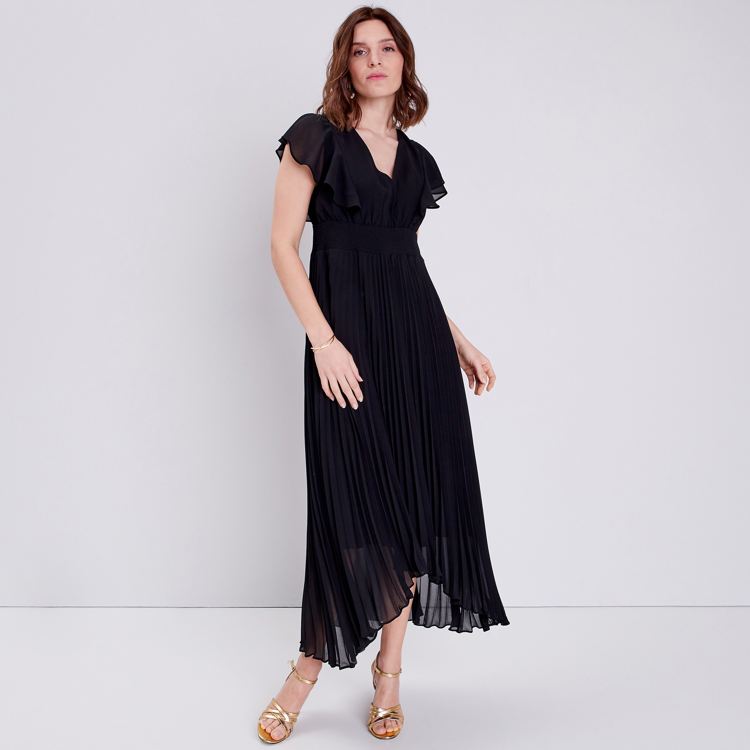 Robe longue évasée à volants noir femme