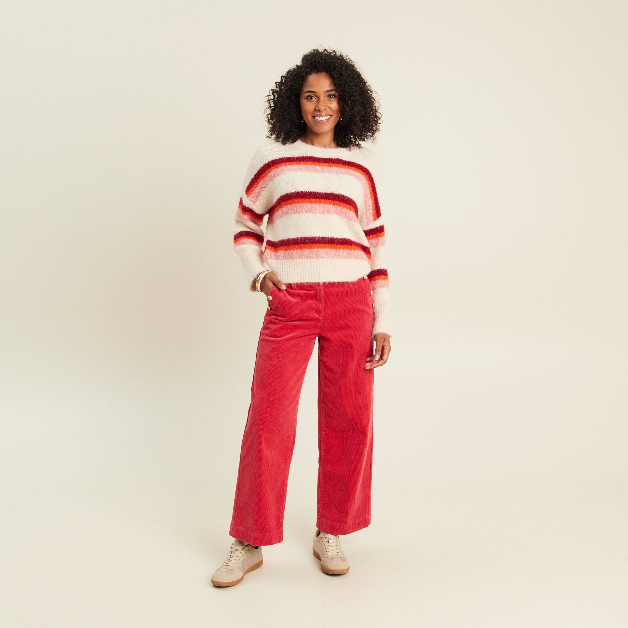 Pantalon large velours c&ocirc;tel&eacute; rouge femme