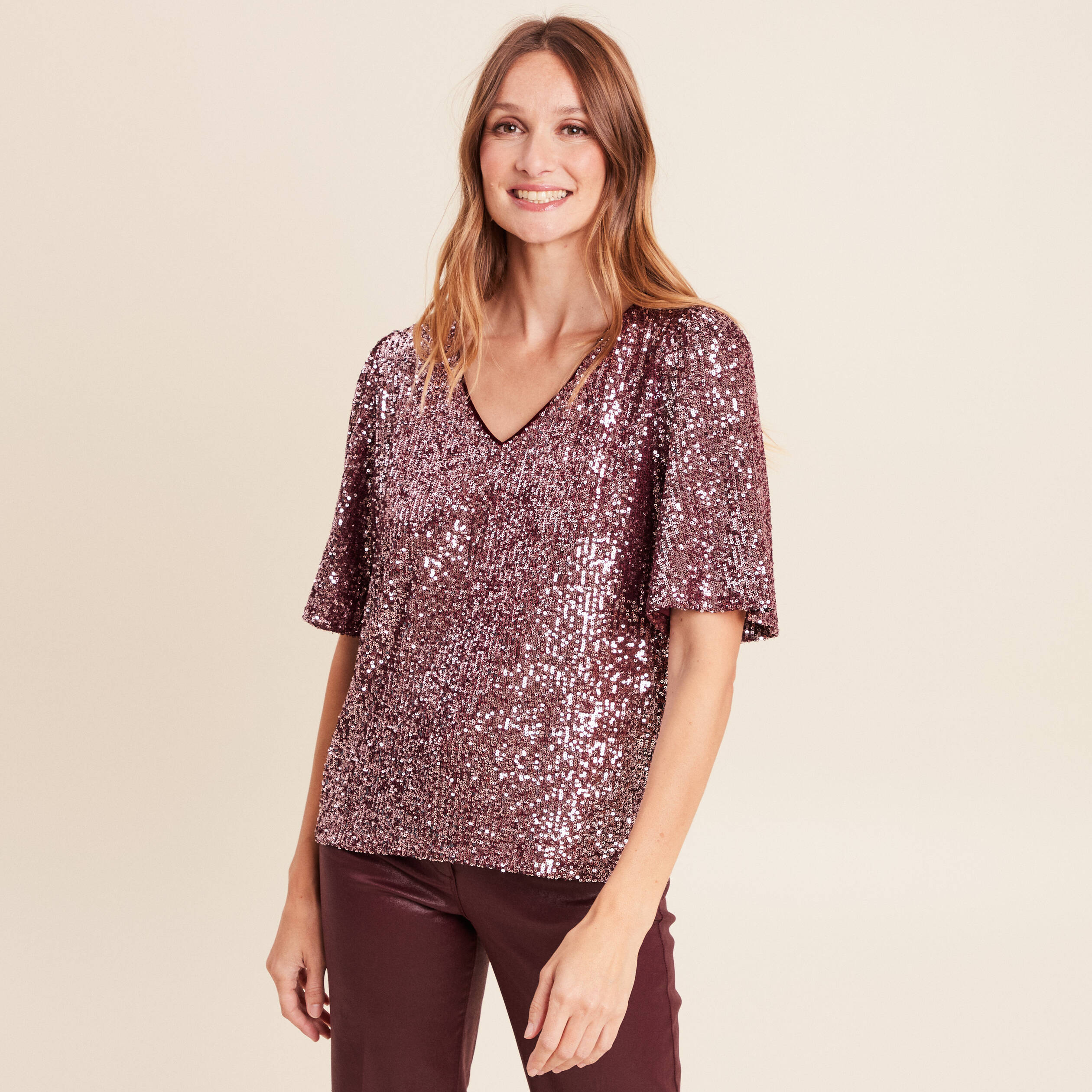 T-shirt &agrave; sequins manches coudes bordeaux femme