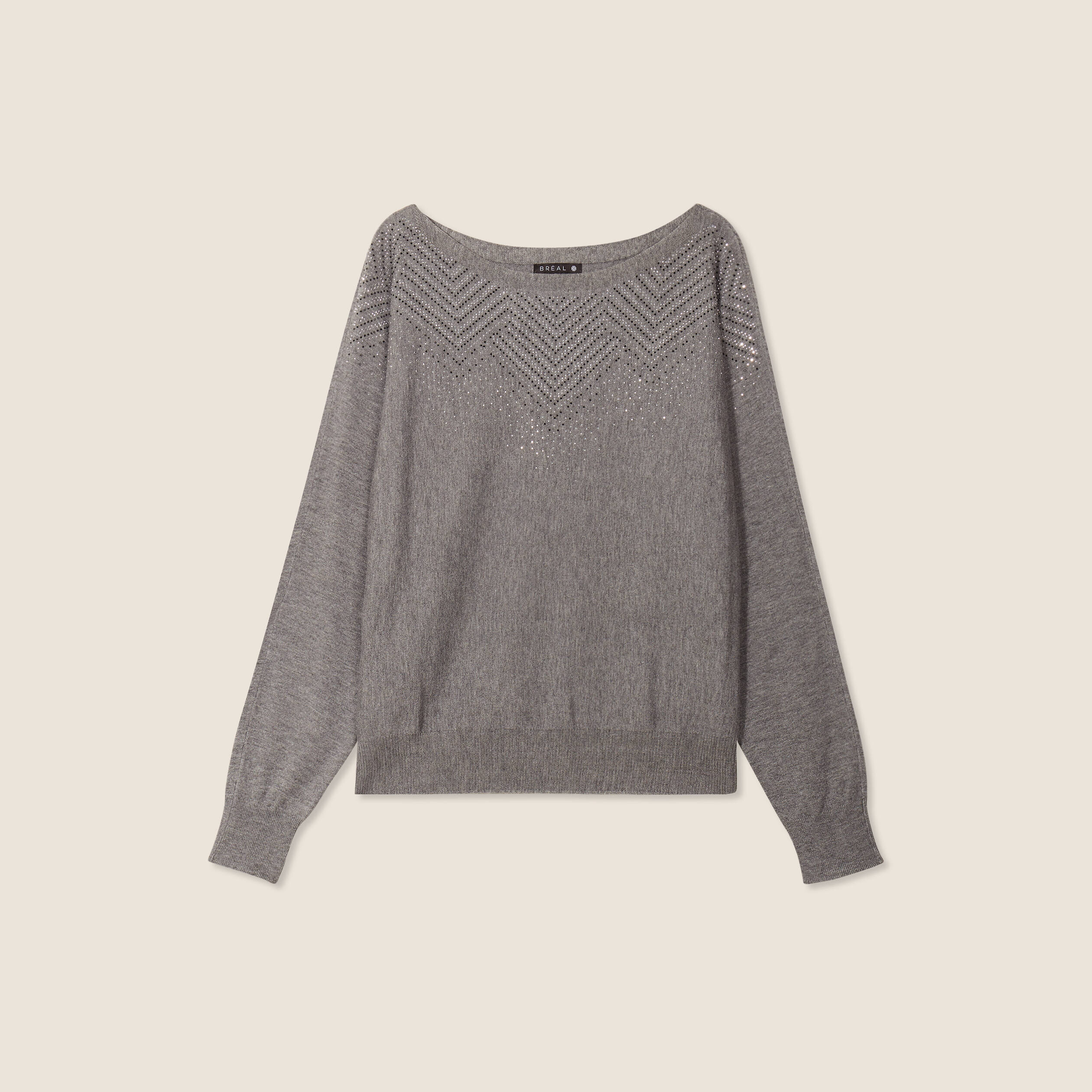 Pull manches longues strass gris clair femme