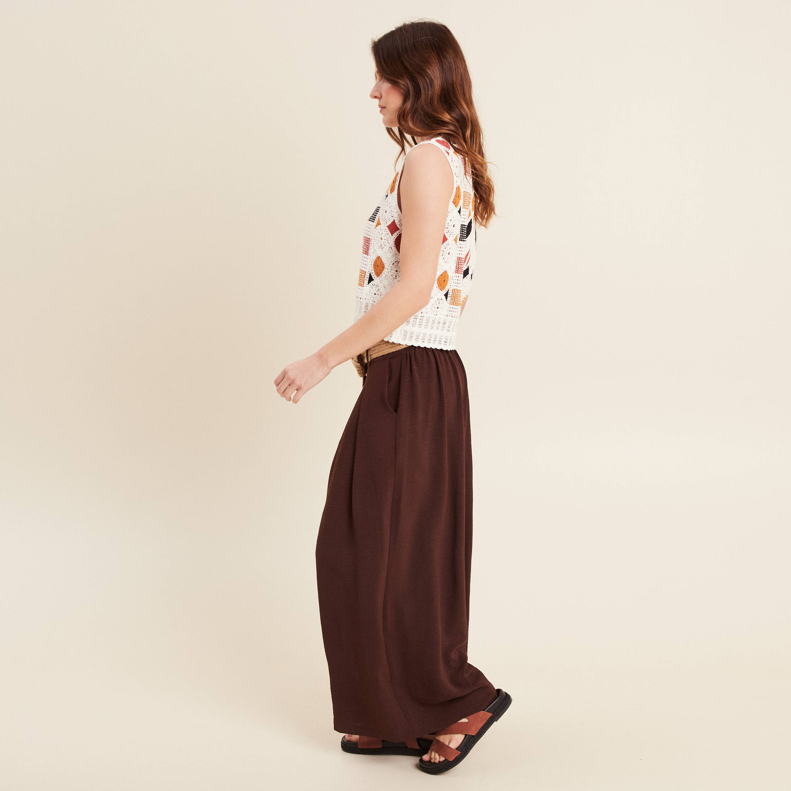 Pantalon jupe-culotte large bordeaux femme