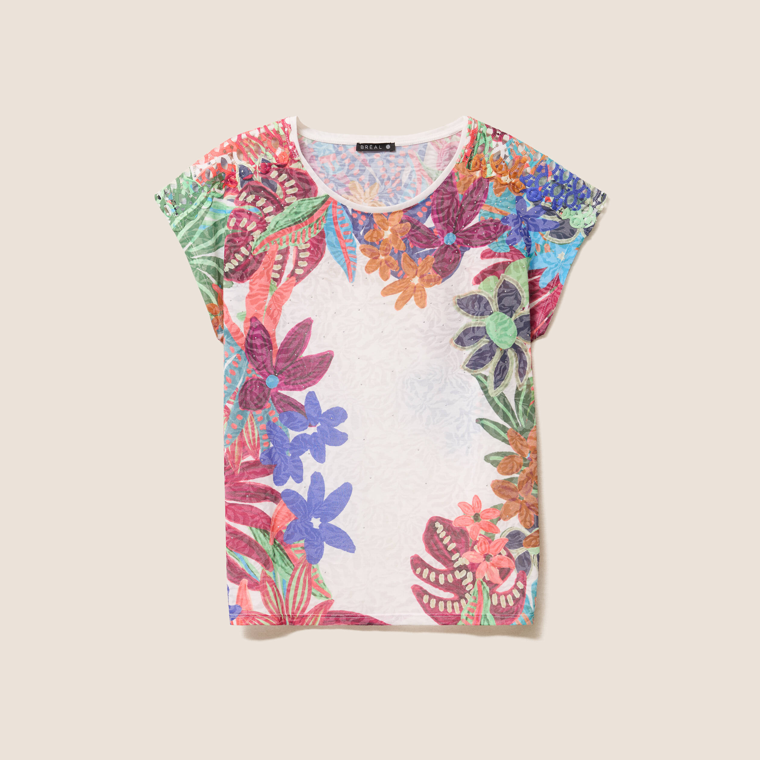T-shirt droit col rond manches courtes ecru femme