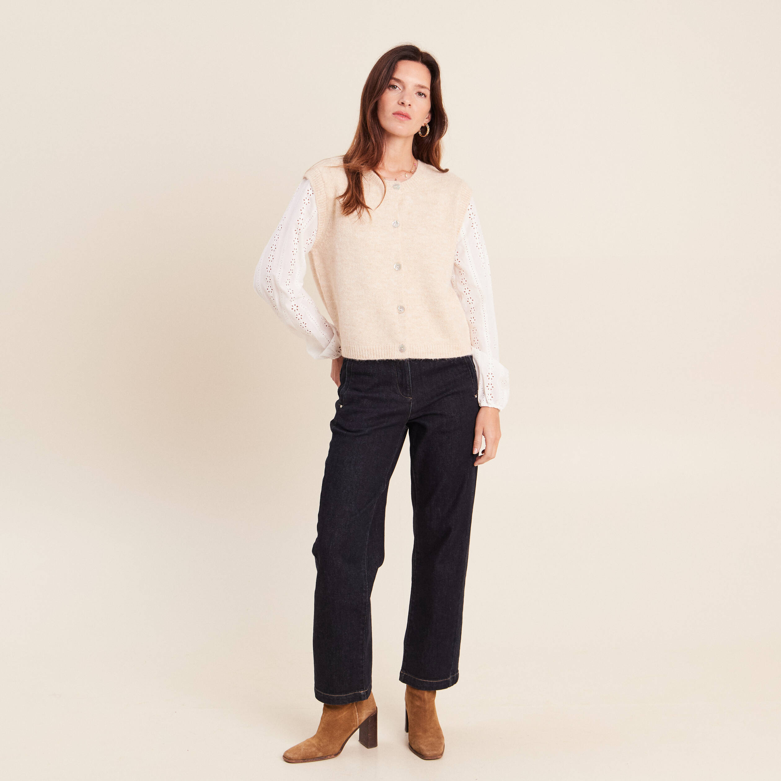 Gilet bi-mati&egrave;re col rond ivoire femme