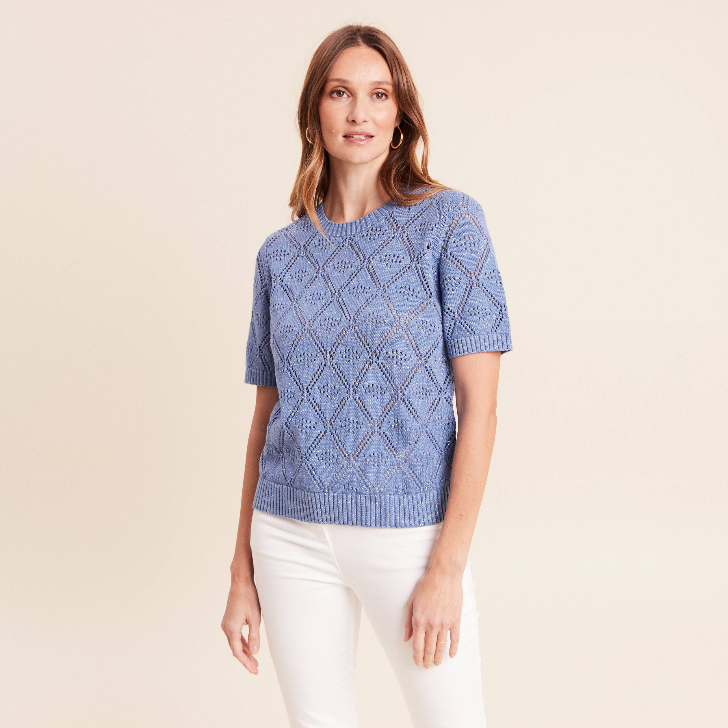 Pull droit court manches courtes bleu ciel femme