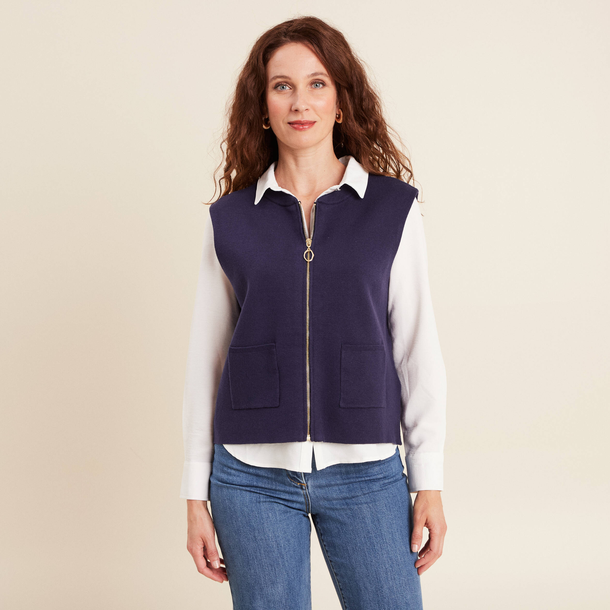 Gilet droit court sans manches bleu marine femme