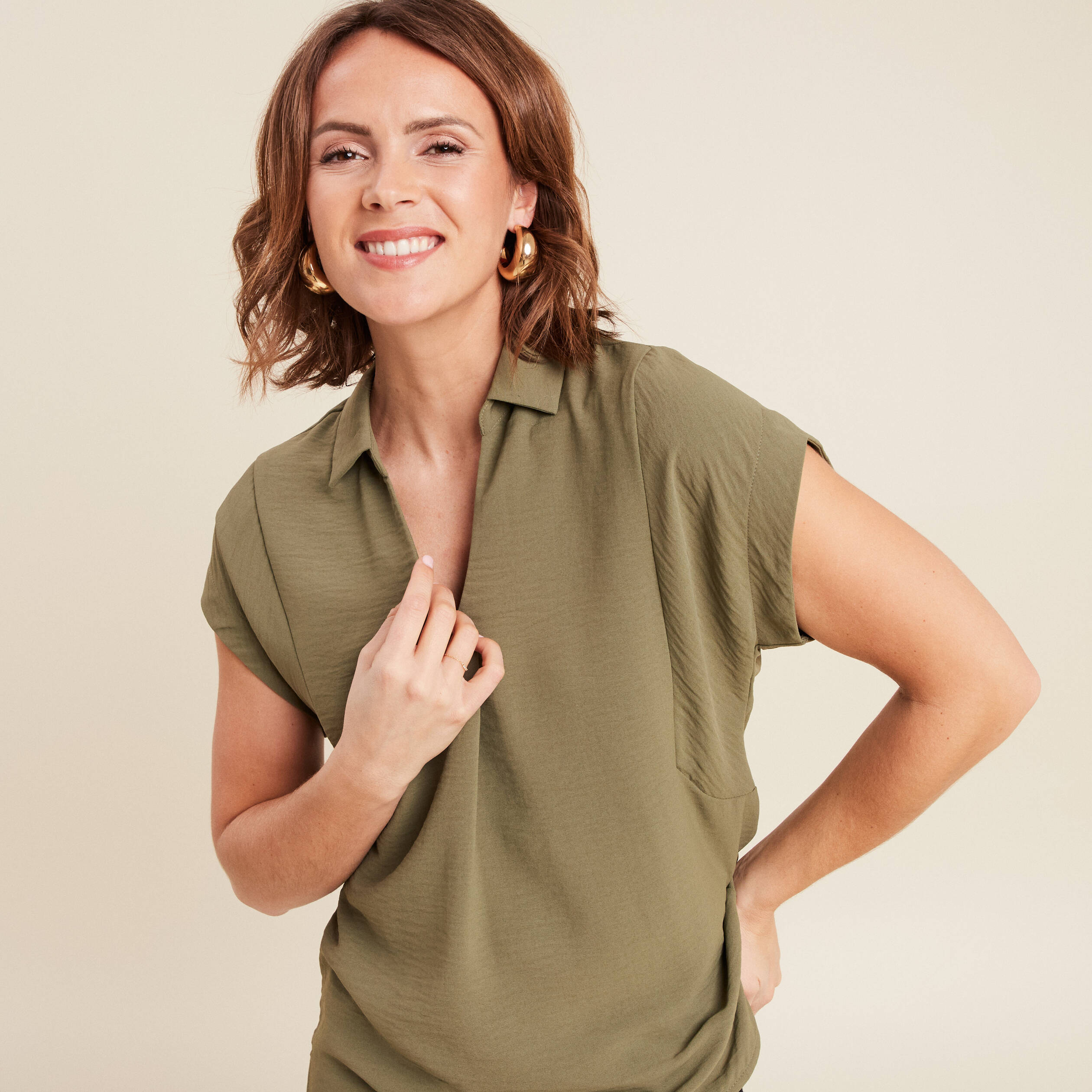 Blouse manches courtes vert kaki femme