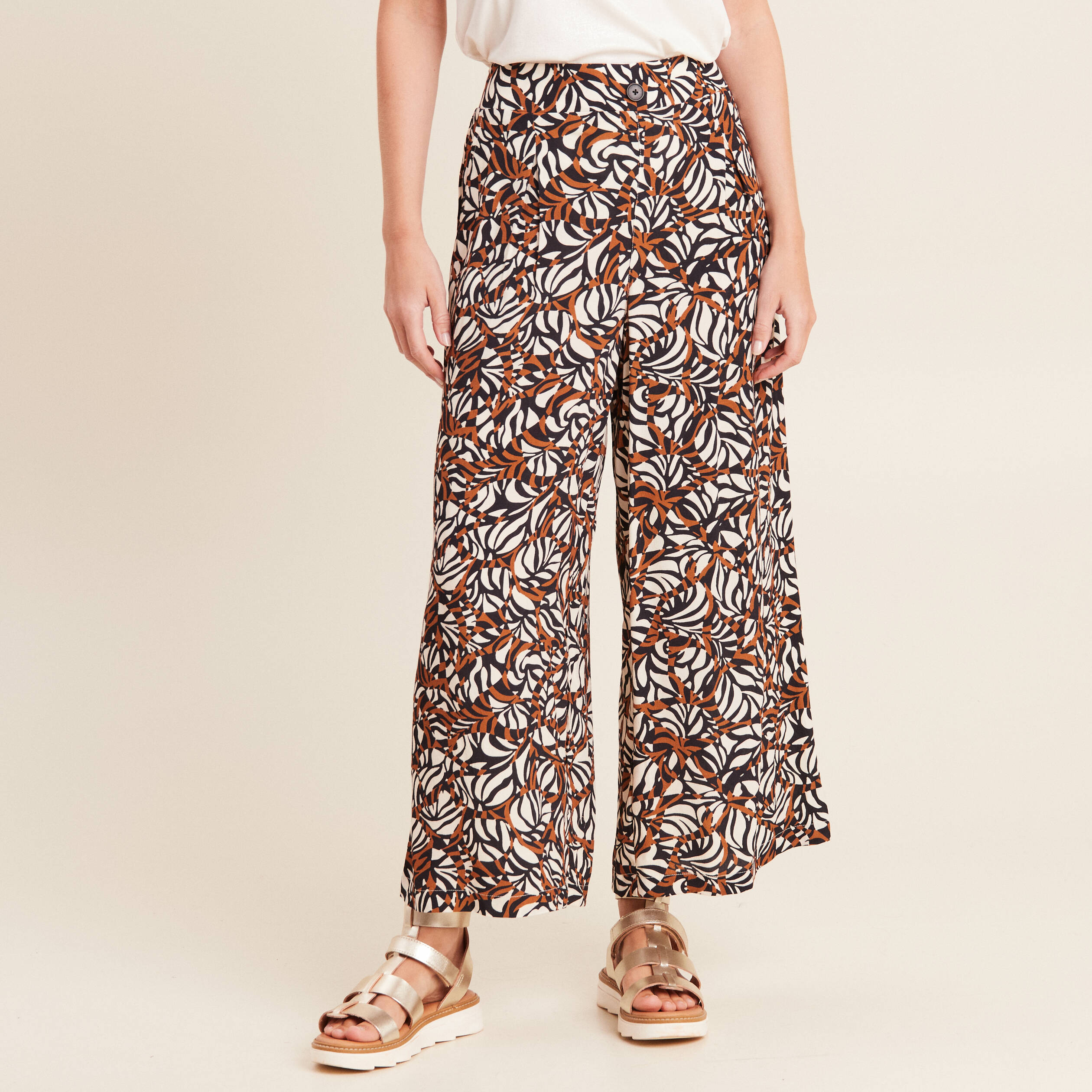 Pantalon flou large 7/8ème marron femme