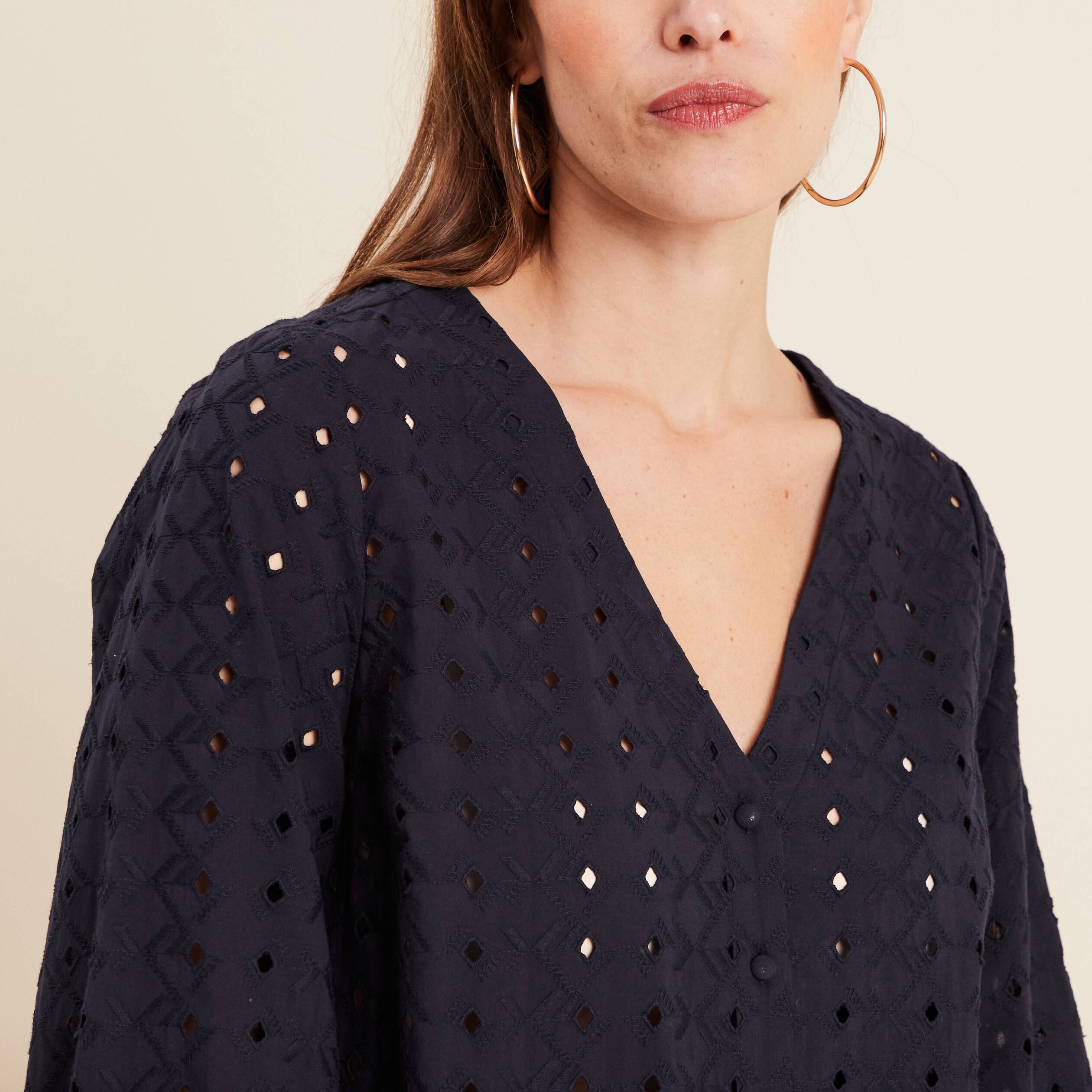 Chemise manches 3/4 brodée bleu foncé femme