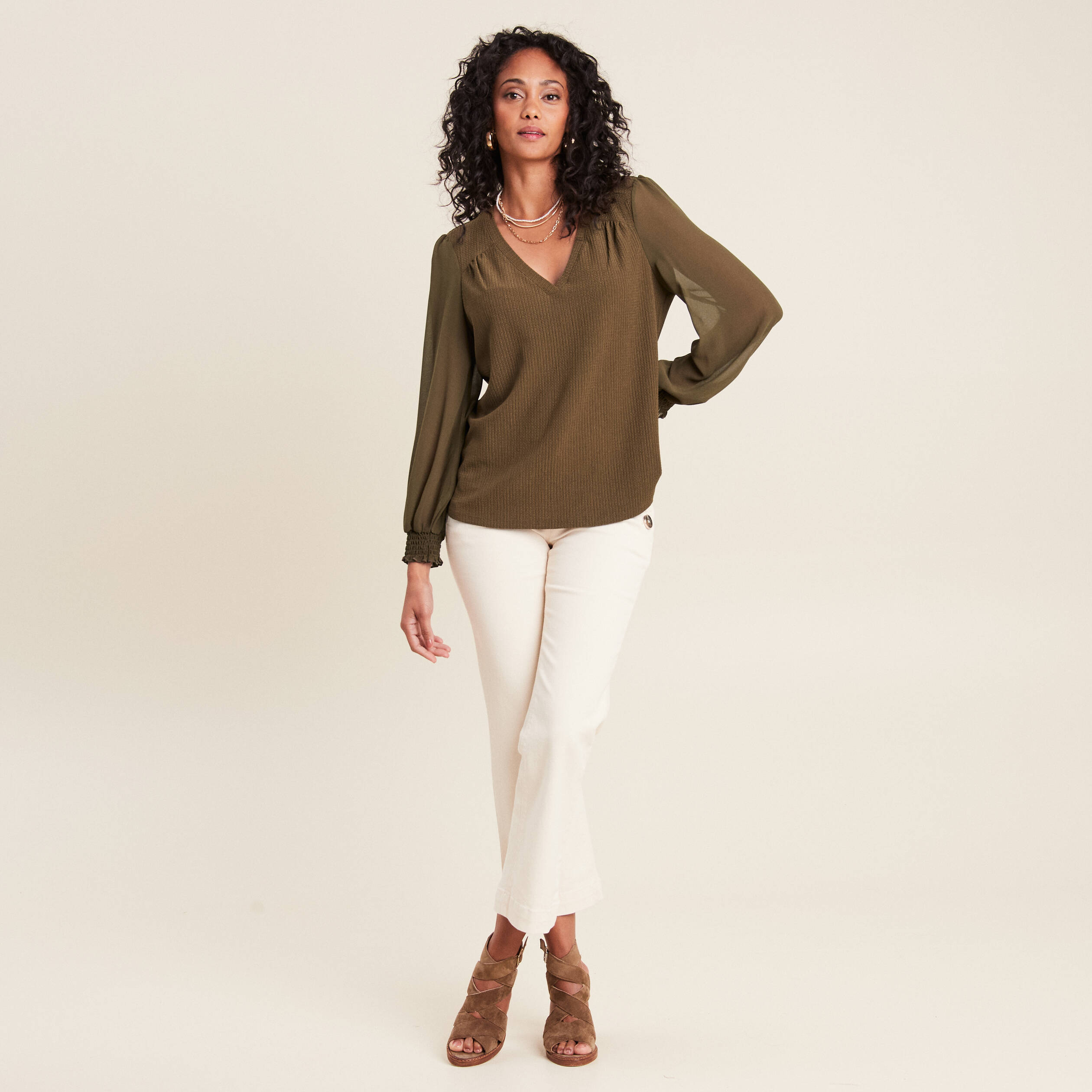 Blouse bi-matière vert olive femme