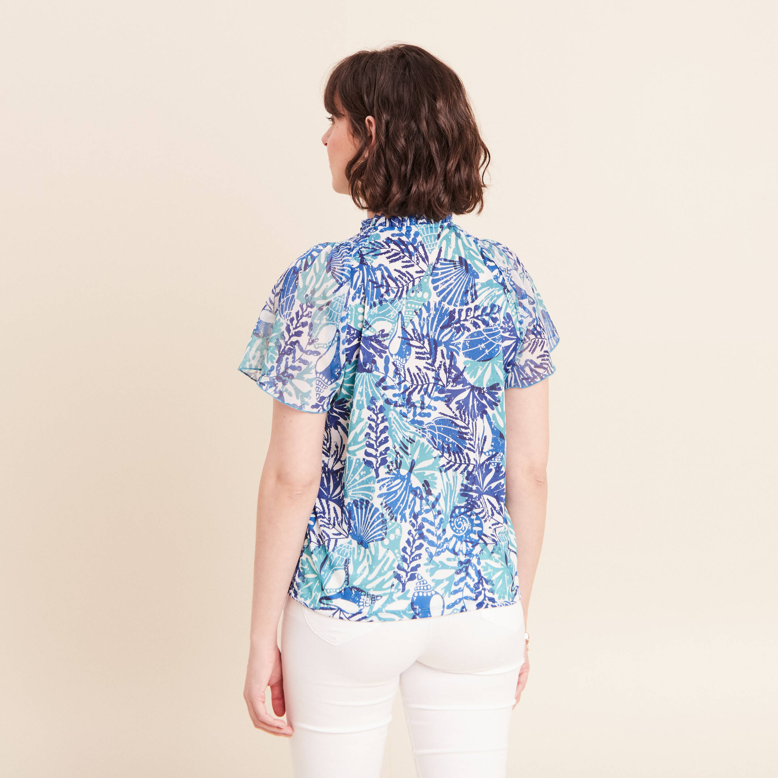 T-shirt col tunisien manches courtes bleu femme