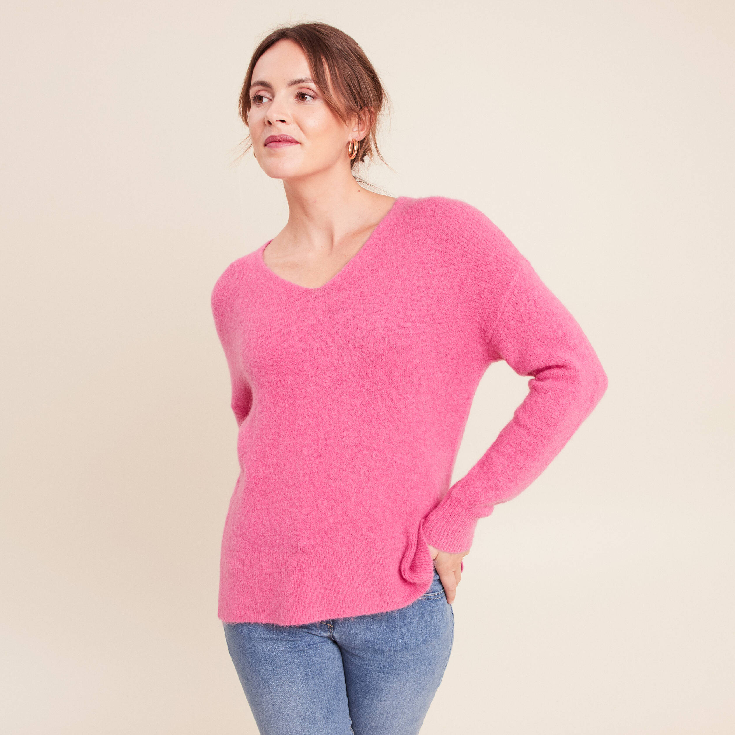 Pull col v manches longues rose fushia femme